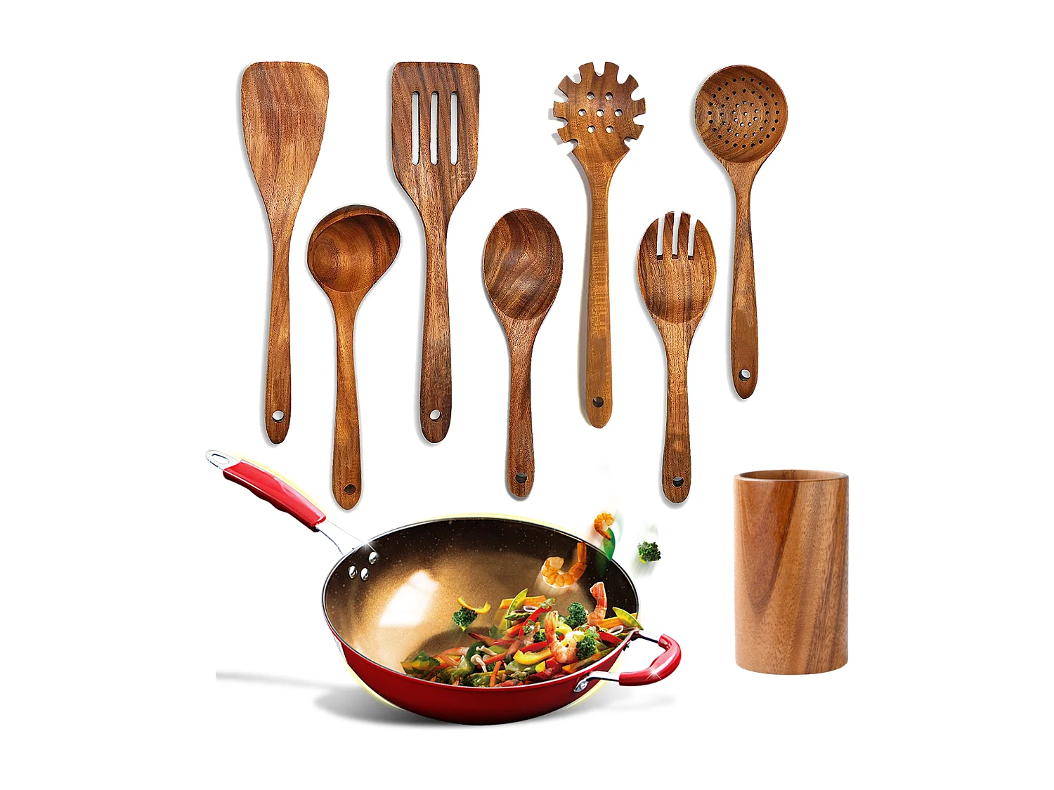 Ensemble de 7 pièces de cuisine en bois d'acacia avec seau en bois