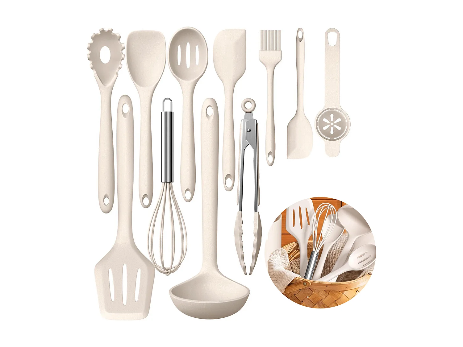 Ensemble de 12 ustensiles de cuisine en silicone kaki