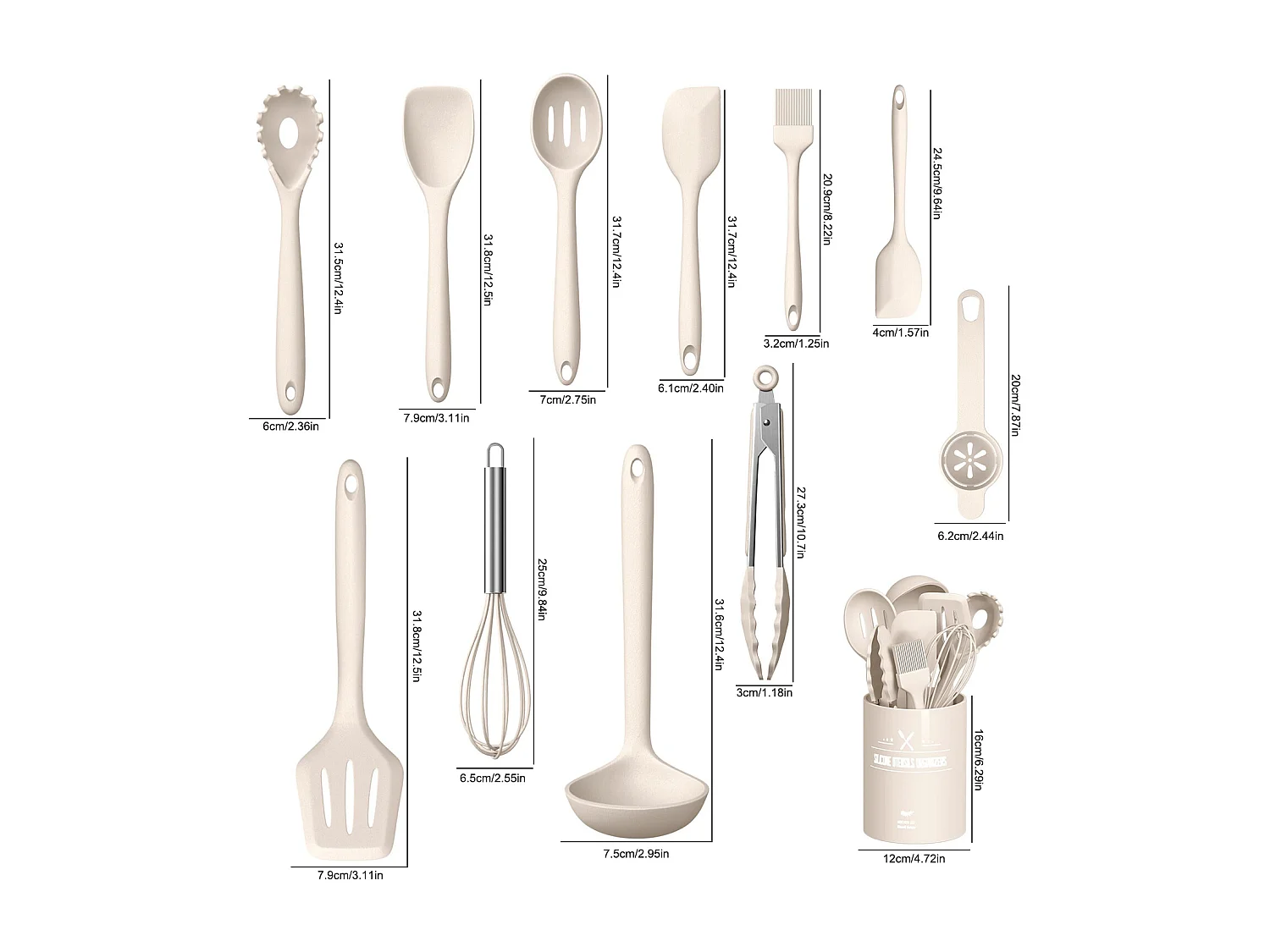 Ensemble de 12 ustensiles de cuisine en silicone kaki