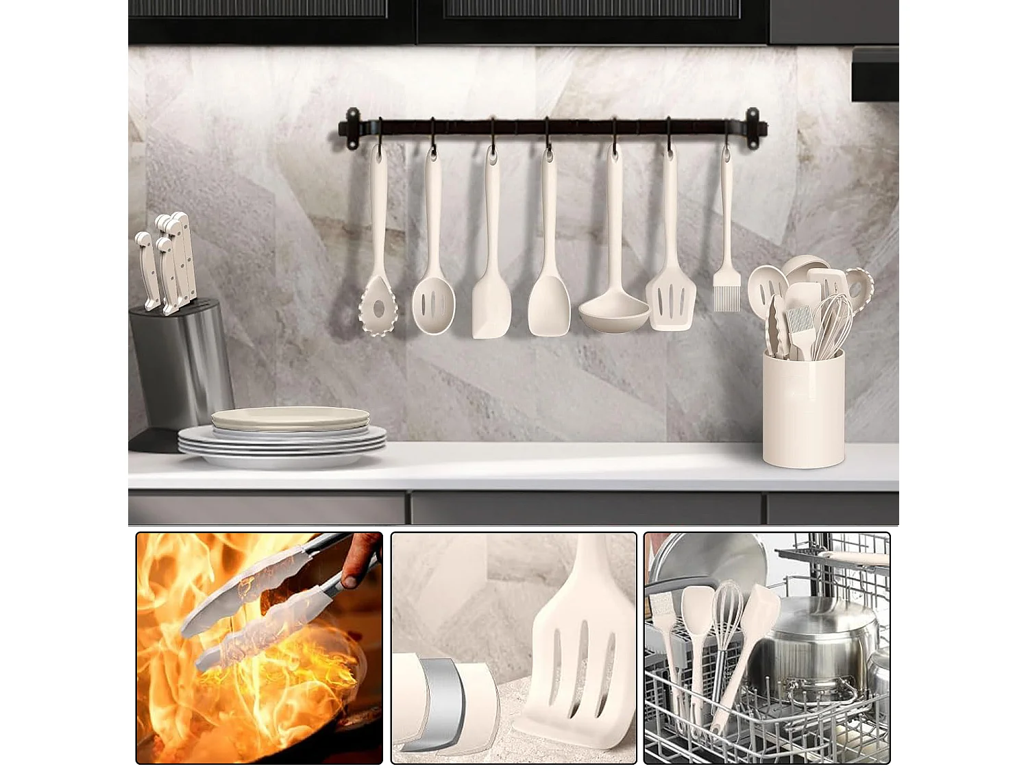 Ensemble de 12 ustensiles de cuisine en silicone kaki