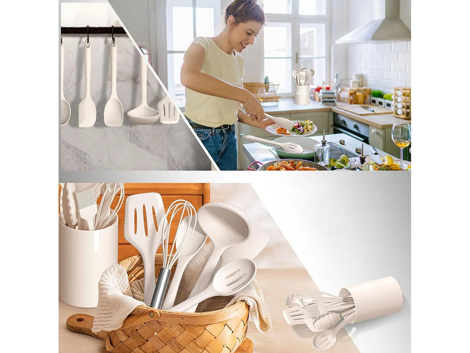 Ensemble de 12 ustensiles de cuisine en silicone kaki