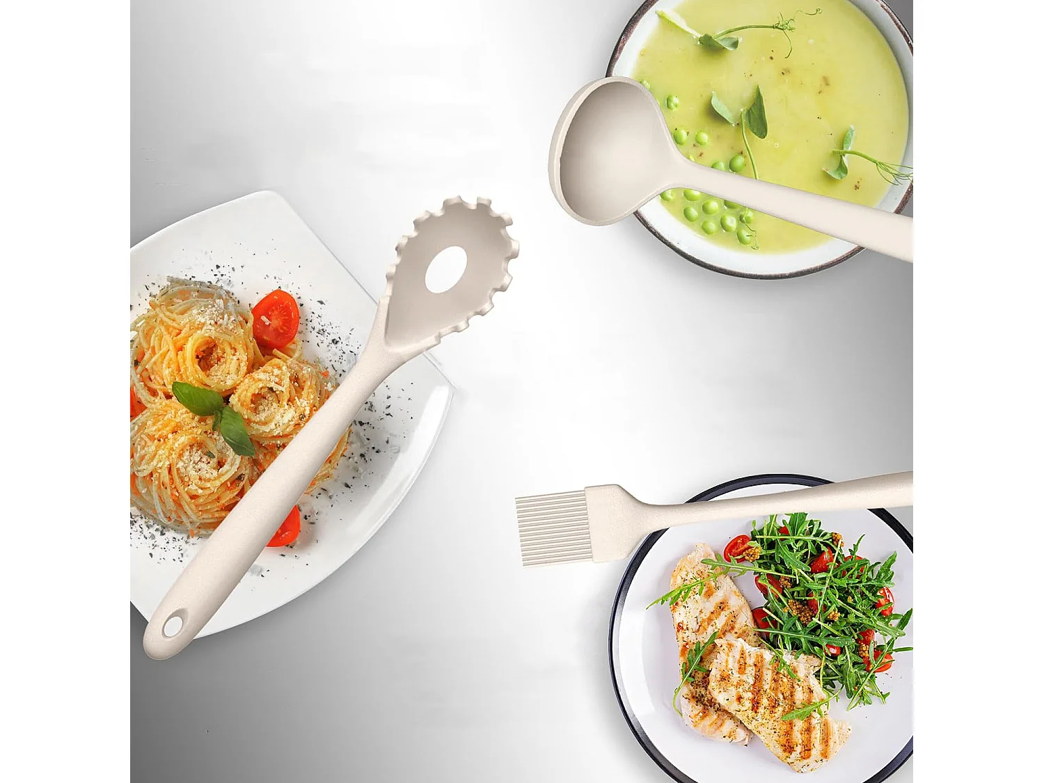 Ensemble de 12 ustensiles de cuisine en silicone kaki