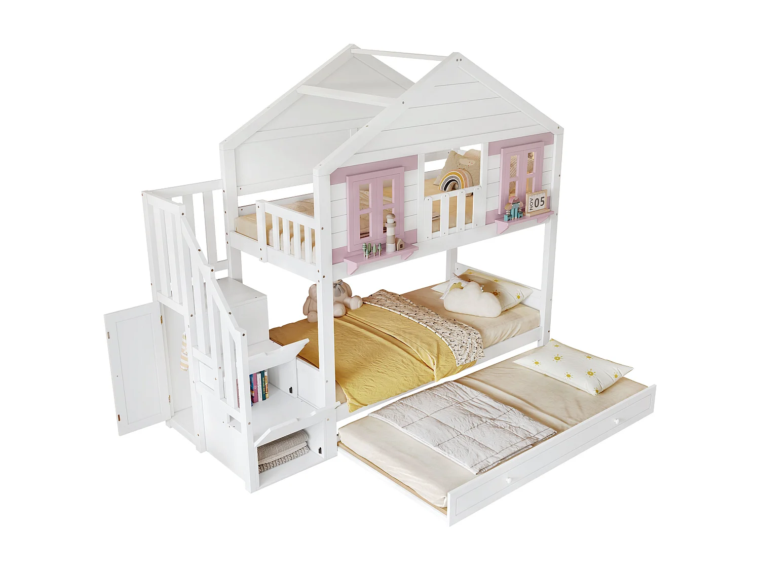 Stapelbed 90x200 cm met uitschuifbed 90x190 cm - Kajuitbed met opbergruimte - wit + roze