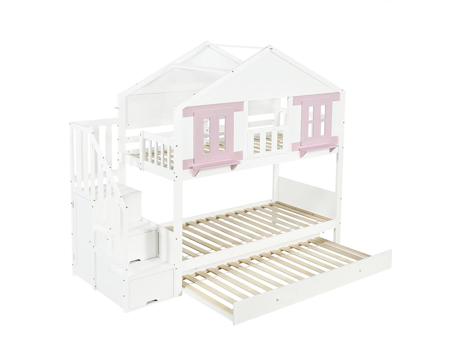 Stapelbed 90x200 cm met uitschuifbed 90x190 cm - Kajuitbed met opbergruimte - wit + roze