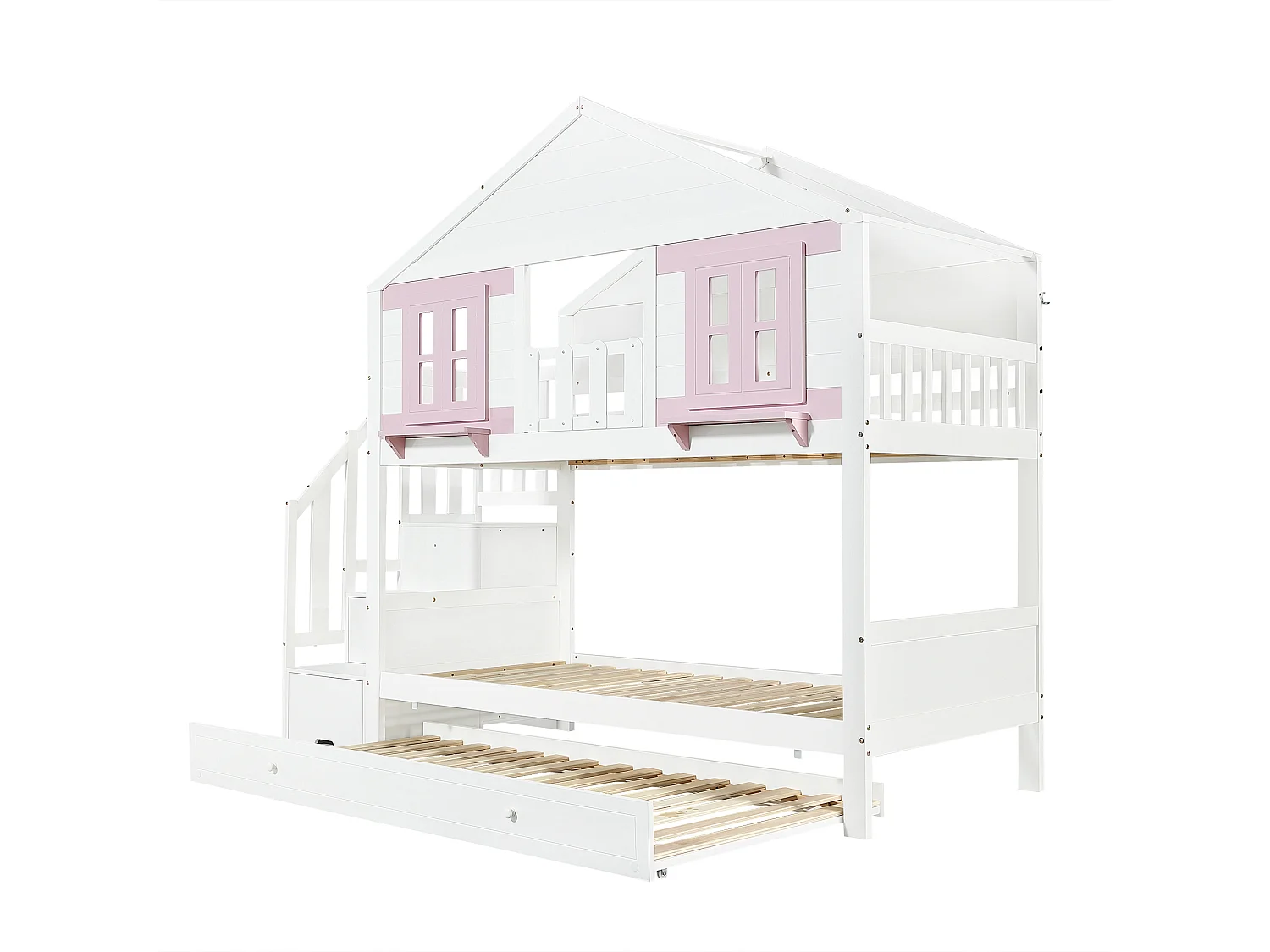 Stapelbed 90x200 cm met uitschuifbed 90x190 cm - Kajuitbed met opbergruimte - wit + roze