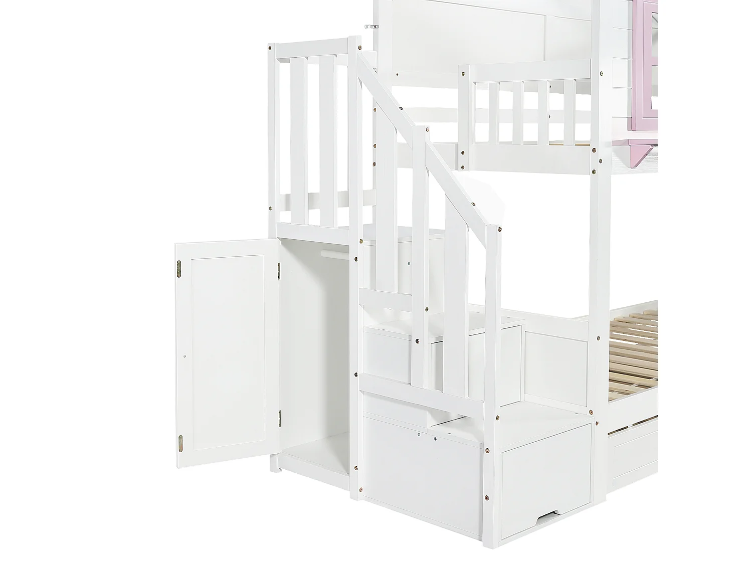 Stapelbed 90x200 cm met uitschuifbed 90x190 cm - Kajuitbed met opbergruimte - wit + roze