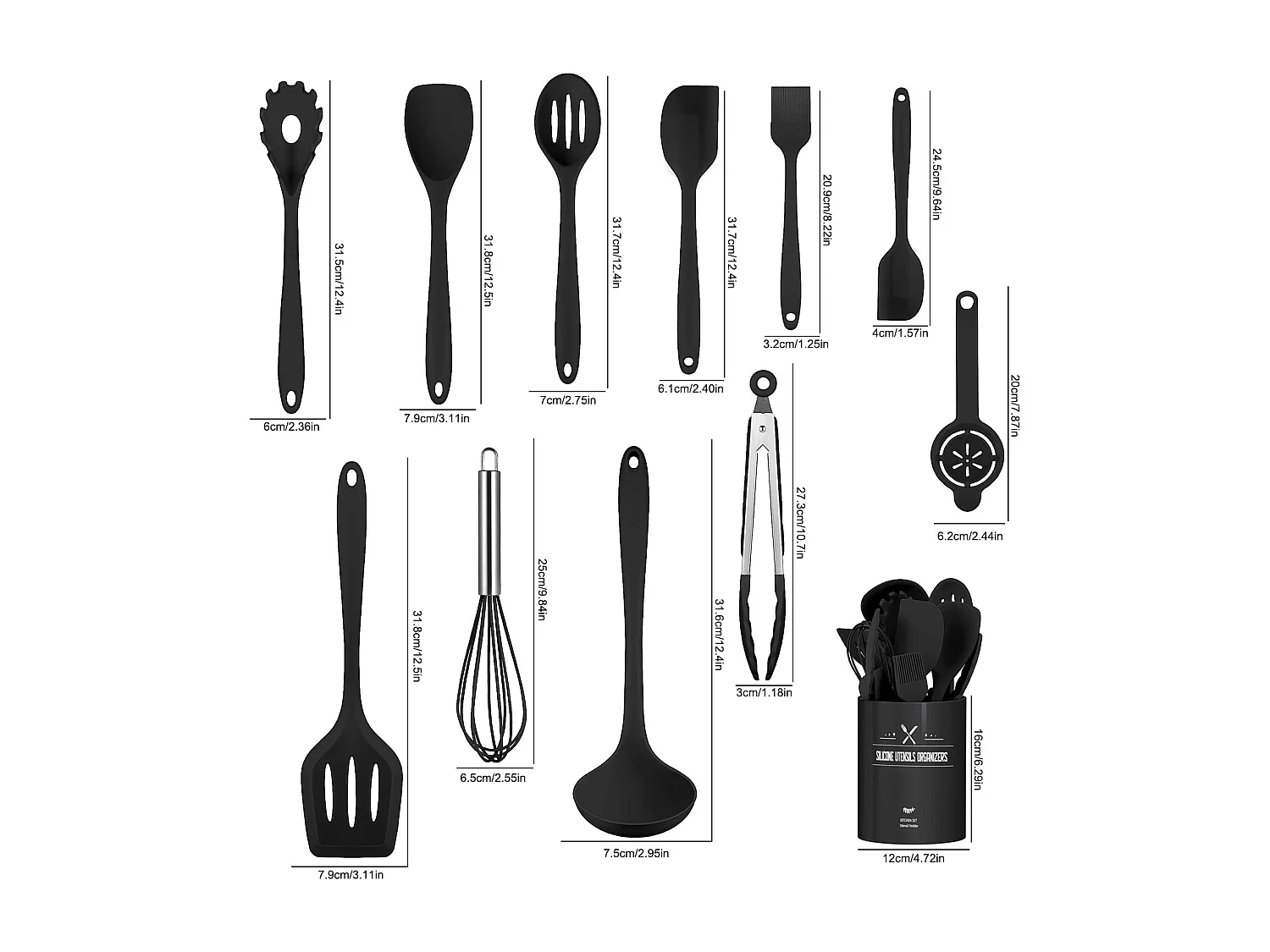 Ensemble de 12 ustensiles de cuisine en silicone noir
