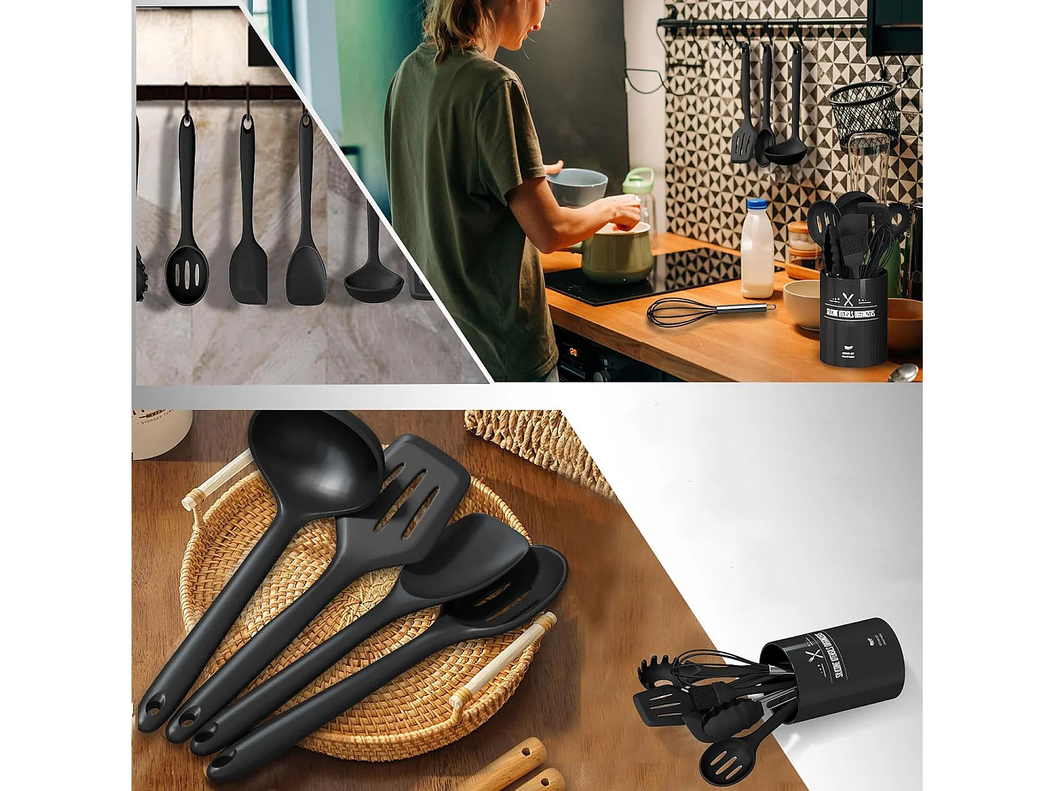 Ensemble de 12 ustensiles de cuisine en silicone noir