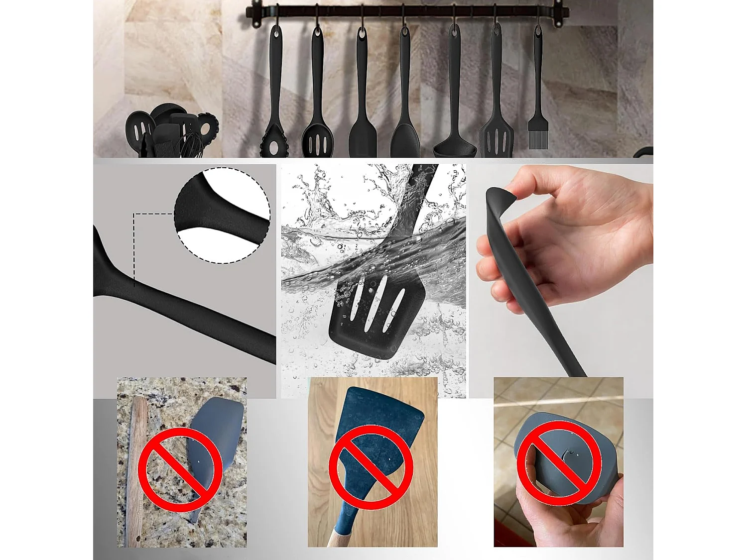 Ensemble de 12 ustensiles de cuisine en silicone noir