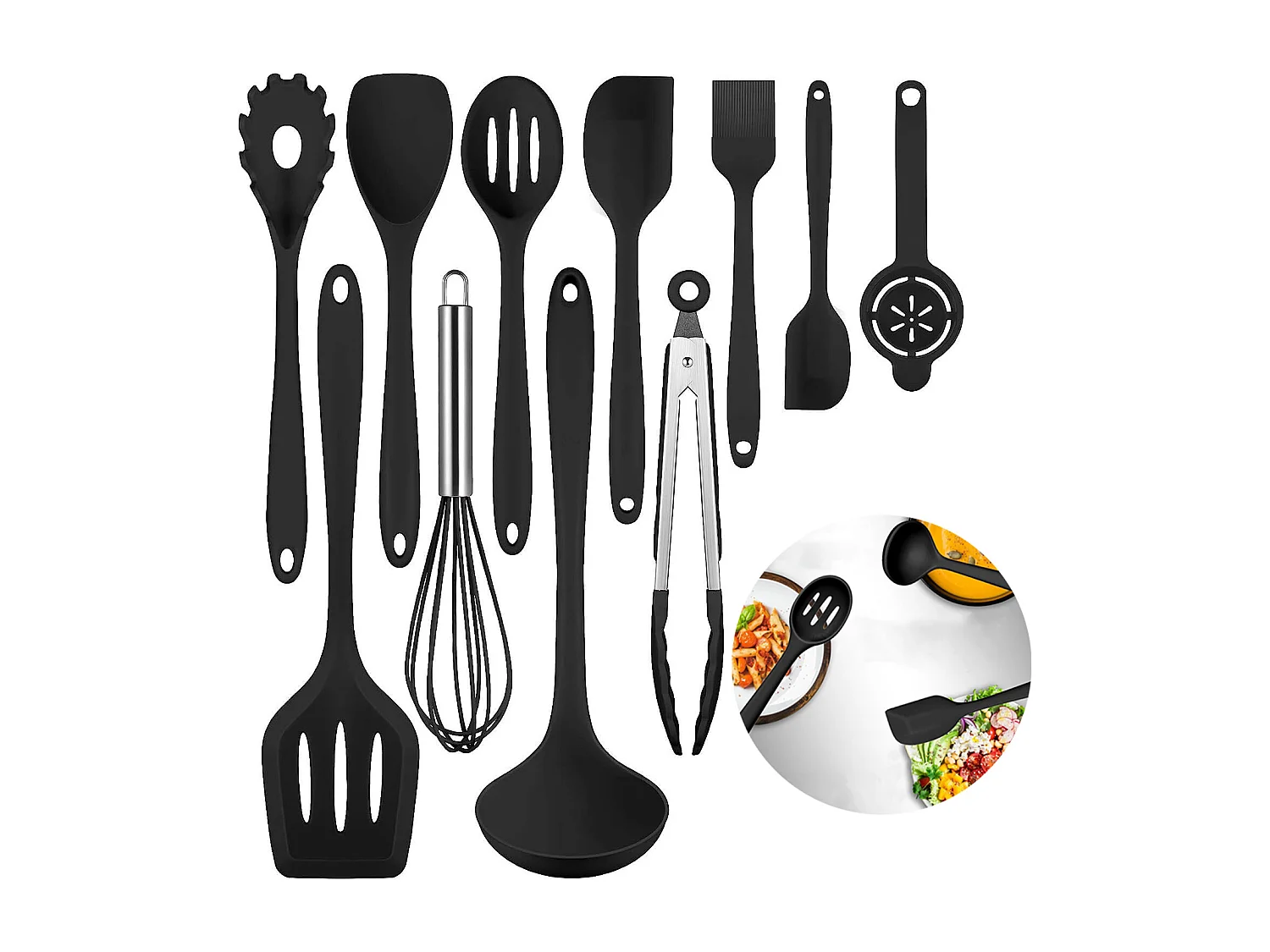 Ensemble de 12 ustensiles de cuisine en silicone noir
