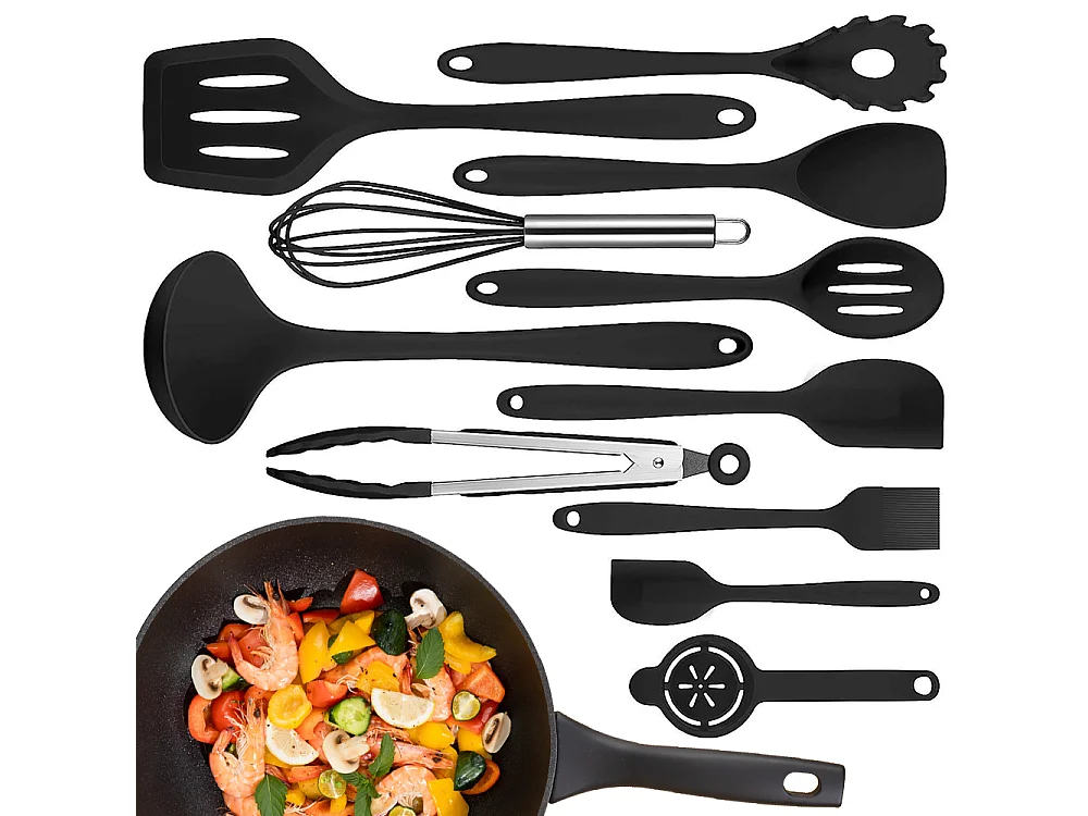 Ensemble de 12 ustensiles de cuisine en silicone noir