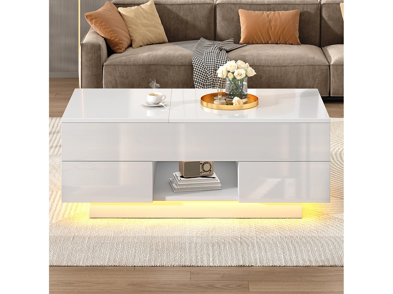 Salontafel met opklapbaar blad en glanzende afwerking, 100 x 45 x 43 cm, met 2 lades en ledverlichting - Wit