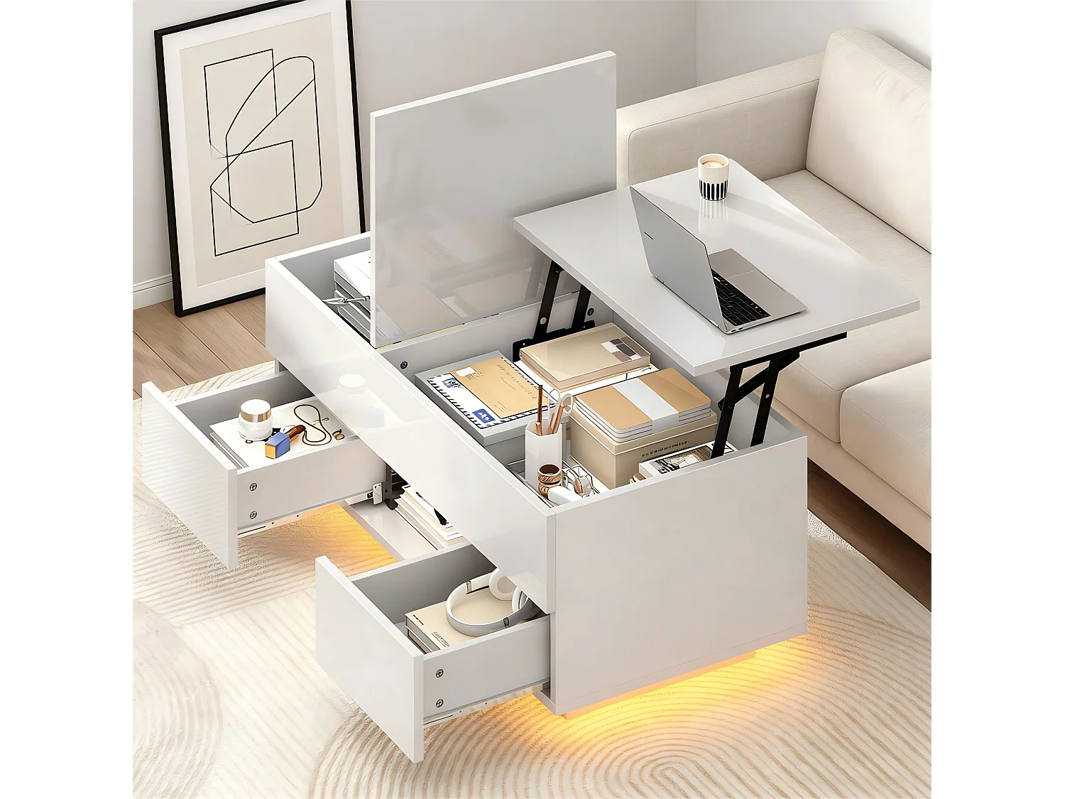 Salontafel met opklapbaar blad en glanzende afwerking, 100 x 45 x 43 cm, met 2 lades en ledverlichting - Wit