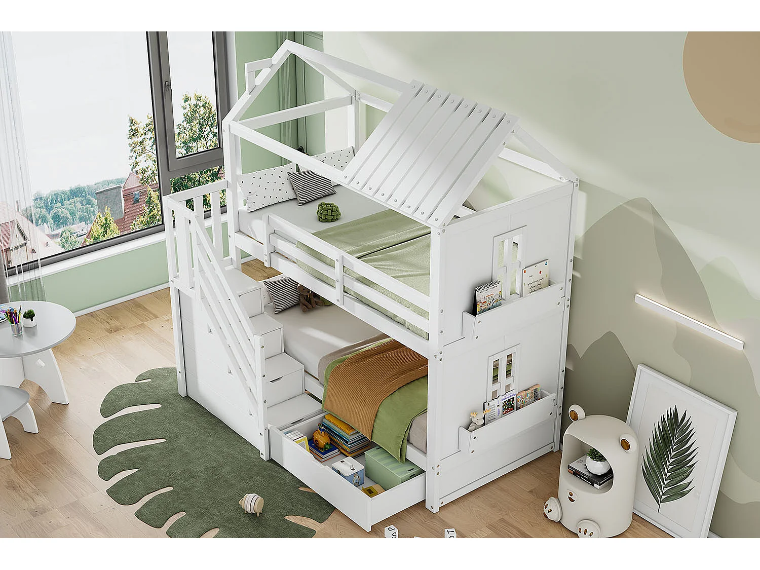 Letto a castello 90x200 cm con scaletta contenitore e cassetti - Legno di pino e MDF - Bianco