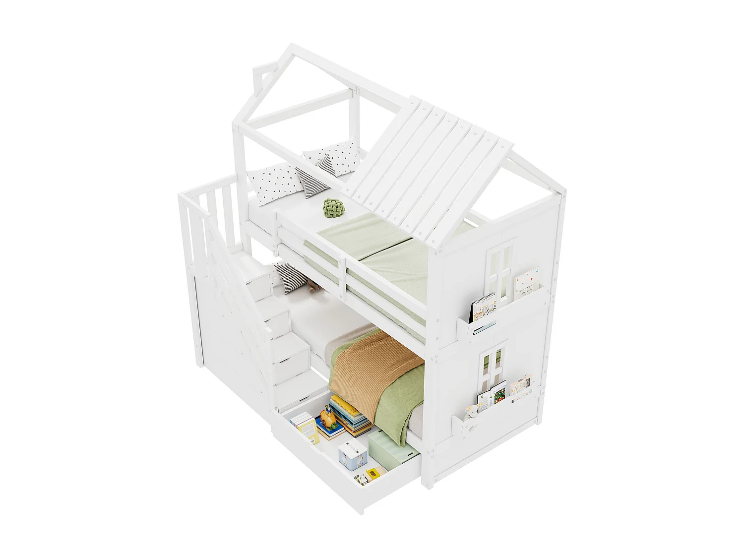 Letto a castello 90x200 cm con scaletta contenitore e cassetti - Legno di pino e MDF - Bianco