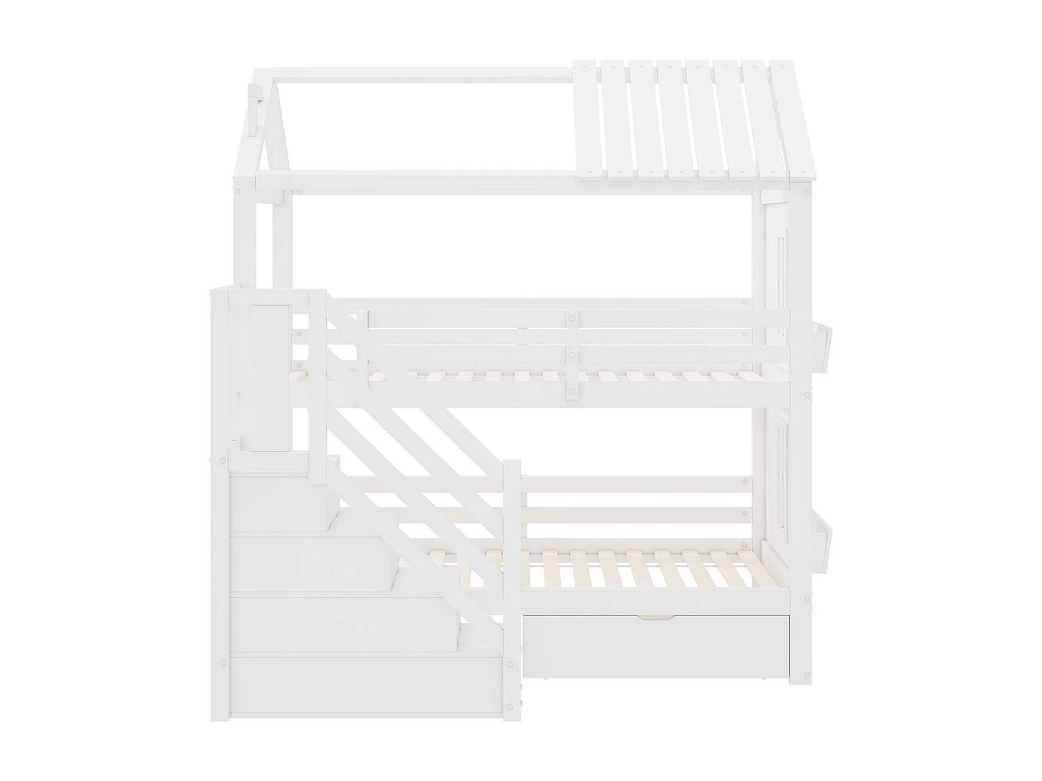 Letto a castello 90x200 cm con scaletta contenitore e cassetti - Legno di pino e MDF - Bianco