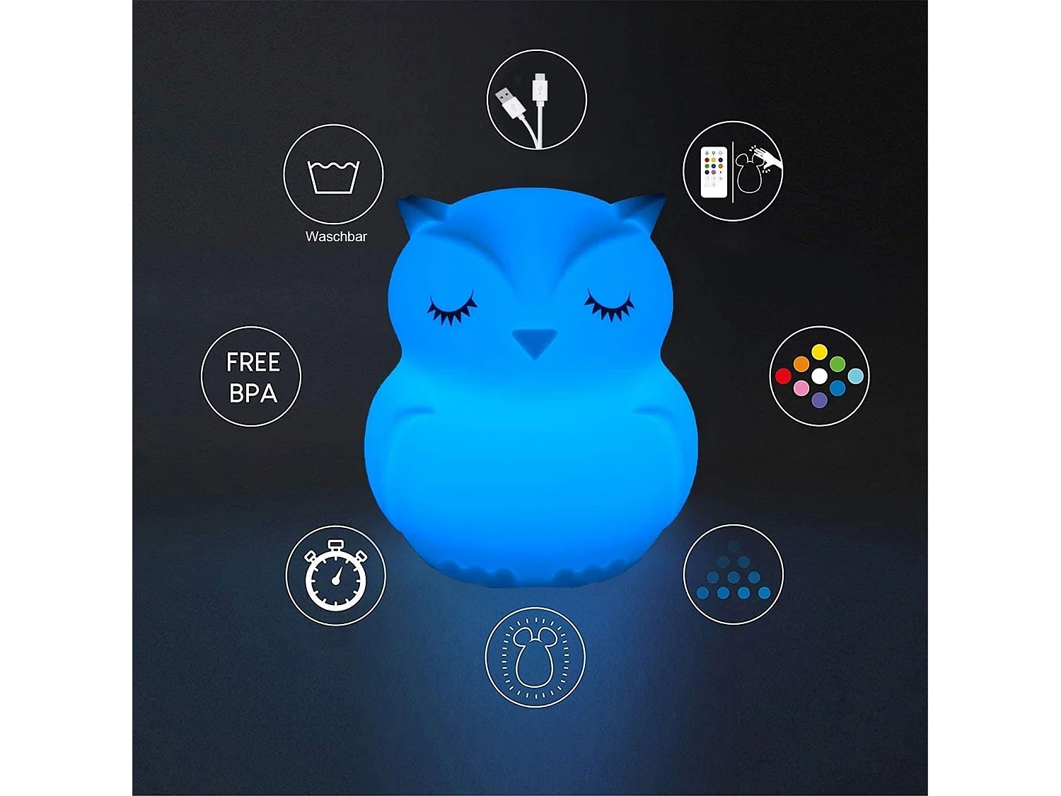 Veilleuse hibou blanche pour enfants avec 9 couleurs