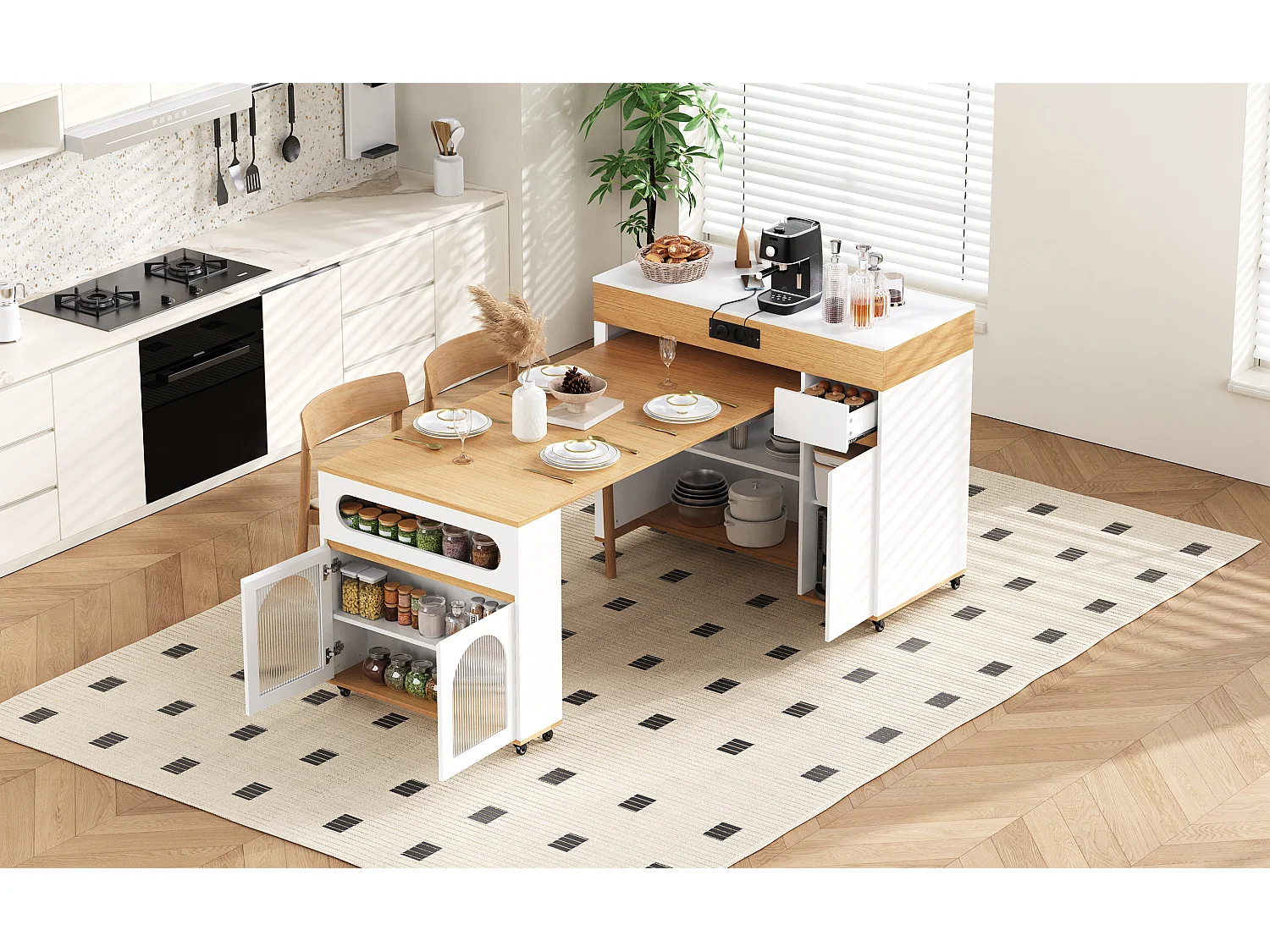 Keukentrolley met stopcontacten en glazen deuren - Wit en hout