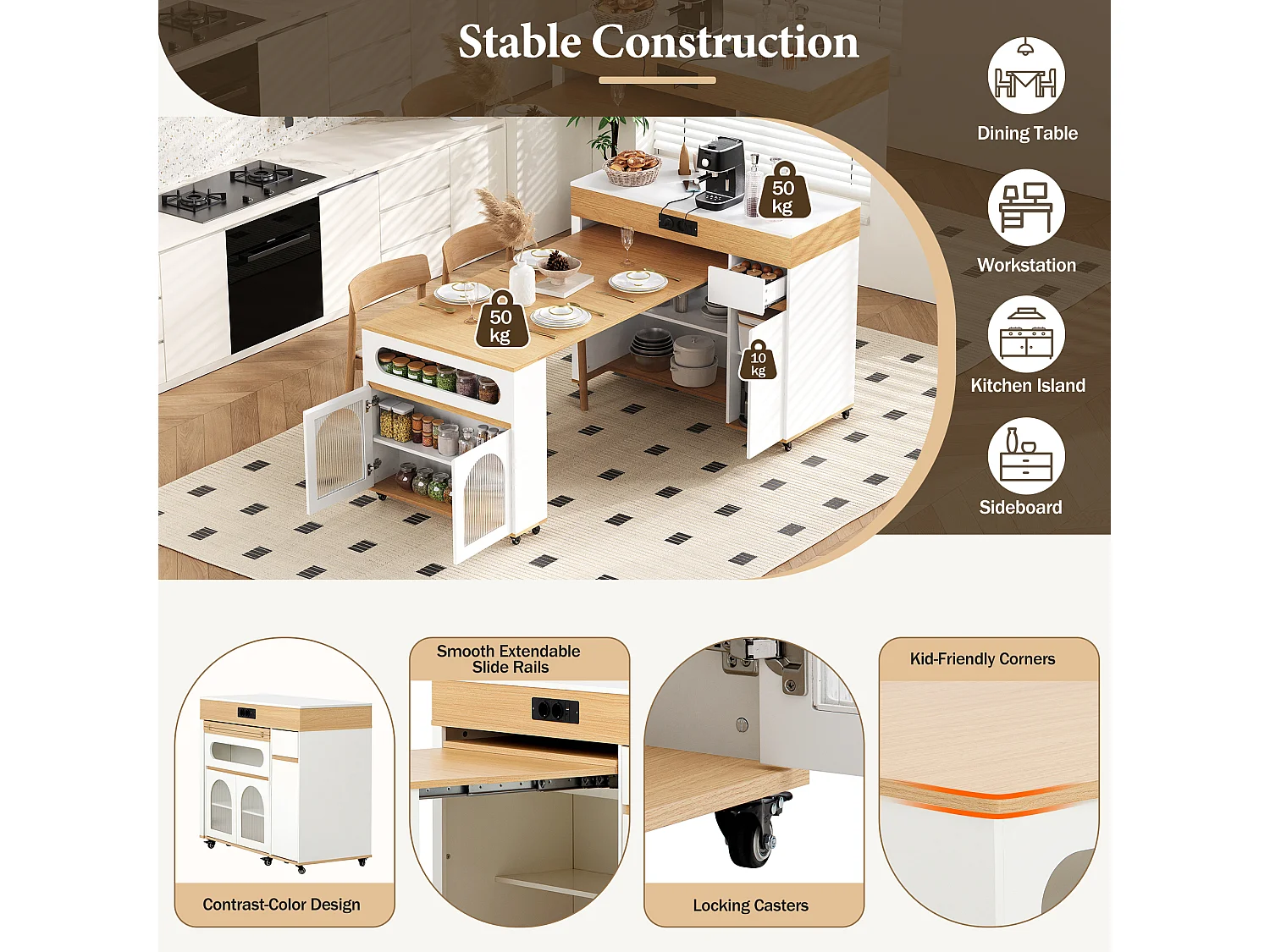 Keukentrolley met stopcontacten en glazen deuren - Wit en hout