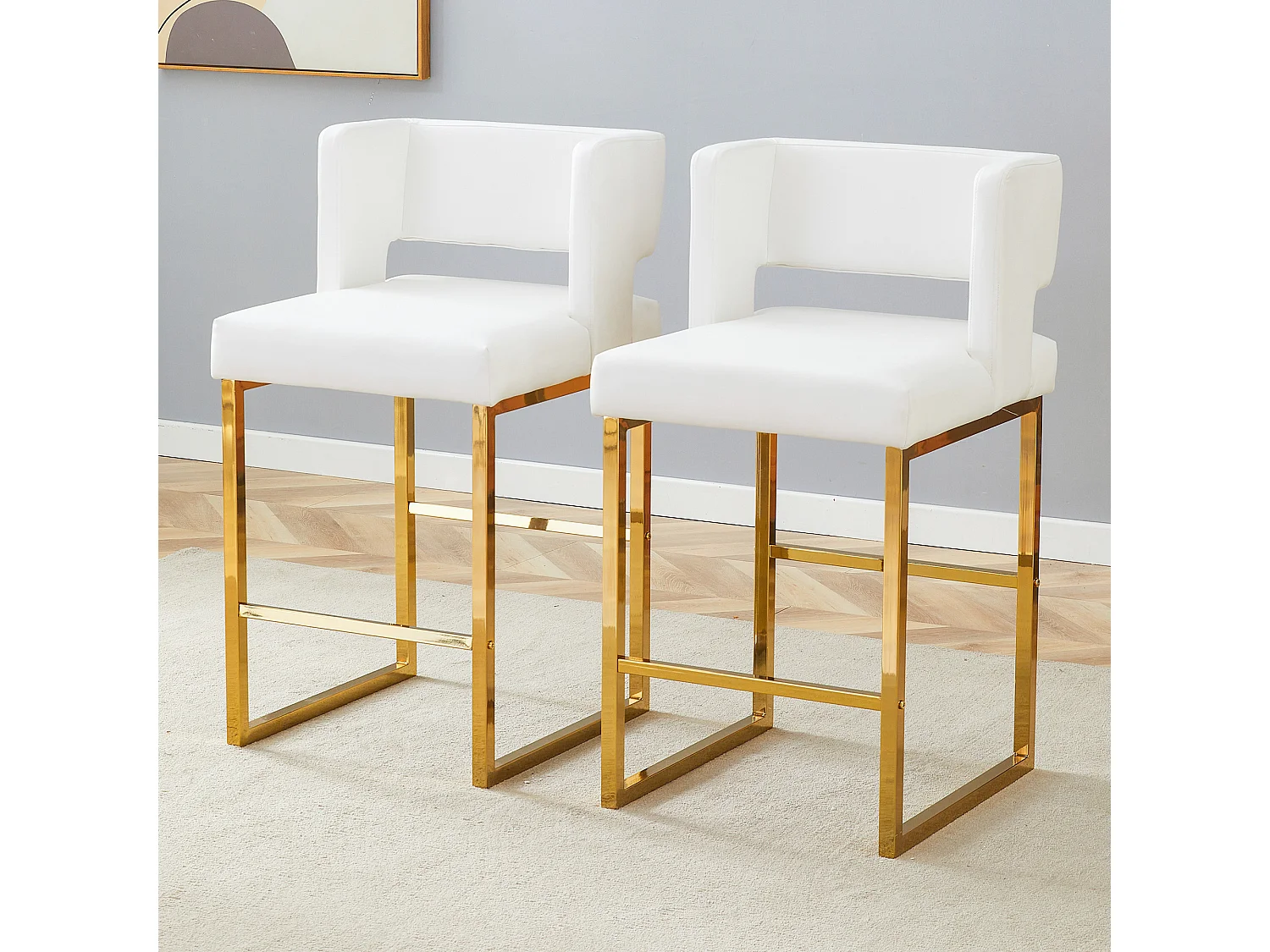 Juego de 2 taburetes de bar de PU blanco con patas de metal dorado - Diseño nórdico