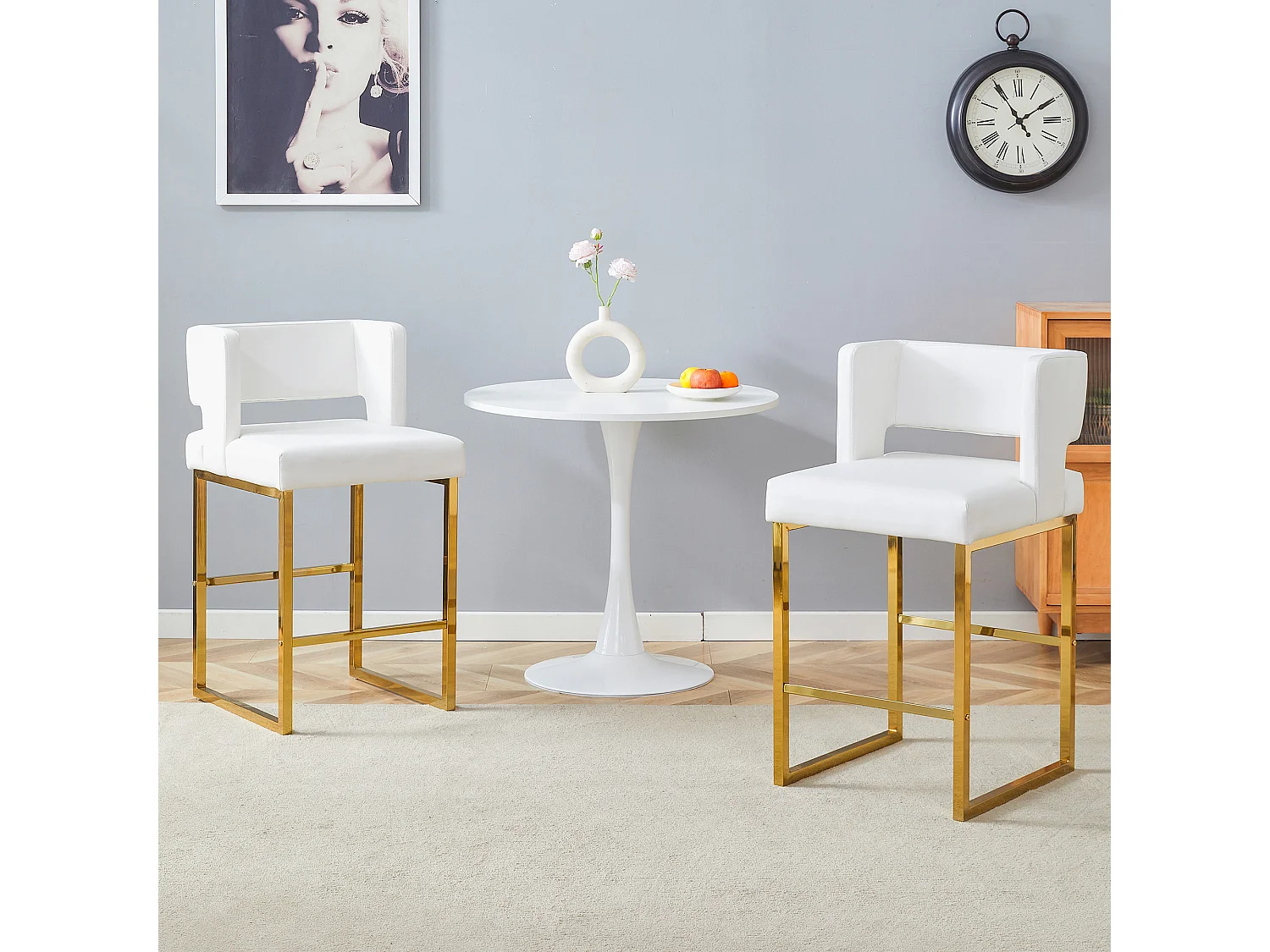 Juego de 2 taburetes de bar de PU blanco con patas de metal dorado - Diseño nórdico
