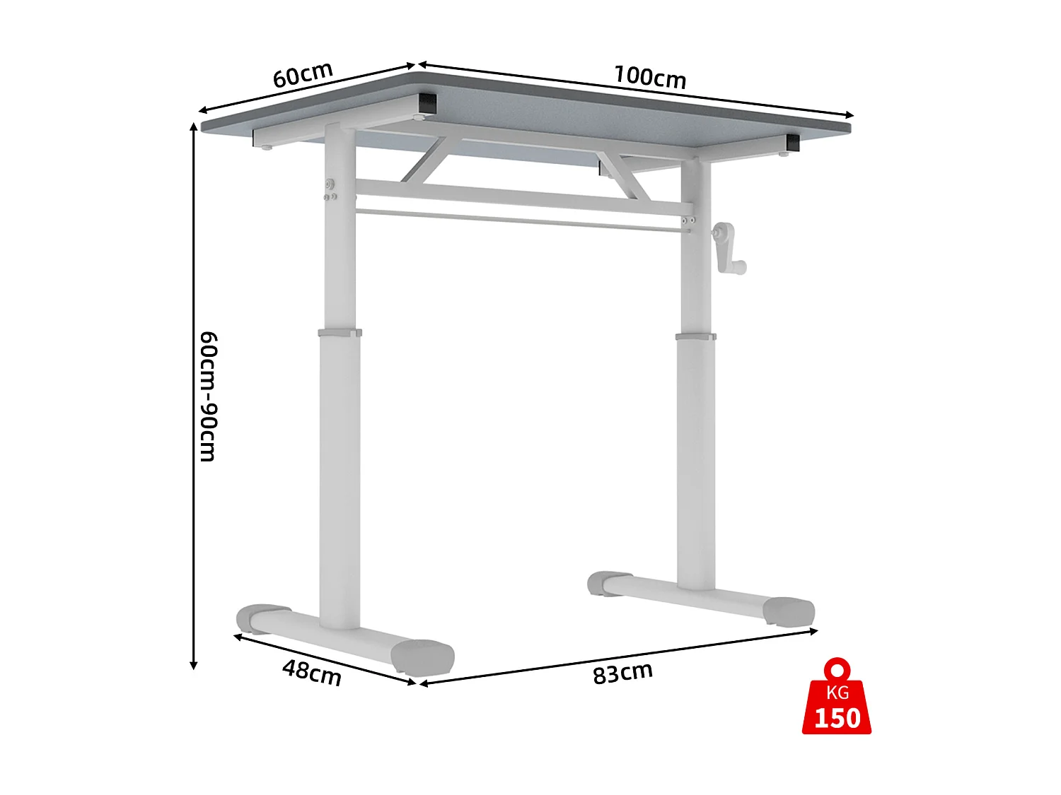 In hoogte verstelbaar bureau 60-90 cm - Grijs blad 100x60 cm