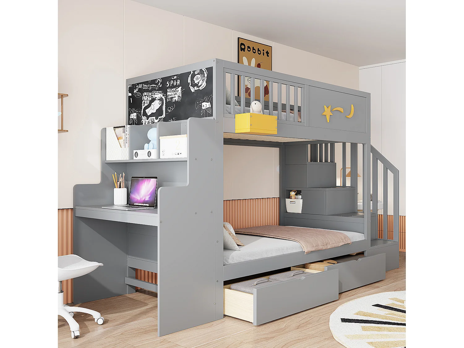 Stapelbed 90x200cm met 2 lades, opbergladder en bureau – Grenen frame – Grijs