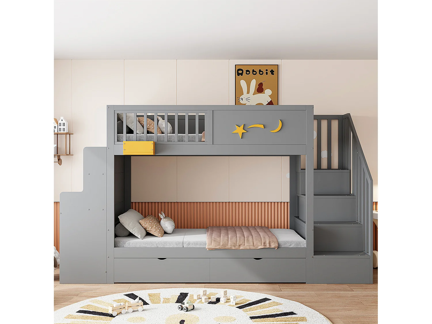 Stapelbed 90x200cm met 2 lades, opbergladder en bureau – Grenen frame – Grijs