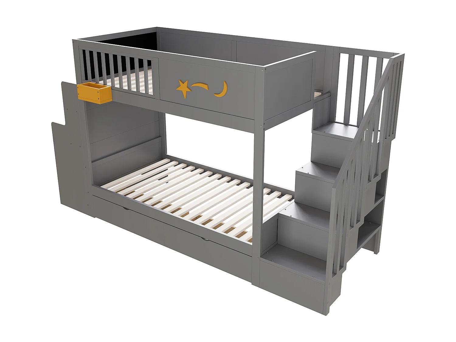 Stapelbed 90x200cm met 2 lades, opbergladder en bureau – Grenen frame – Grijs