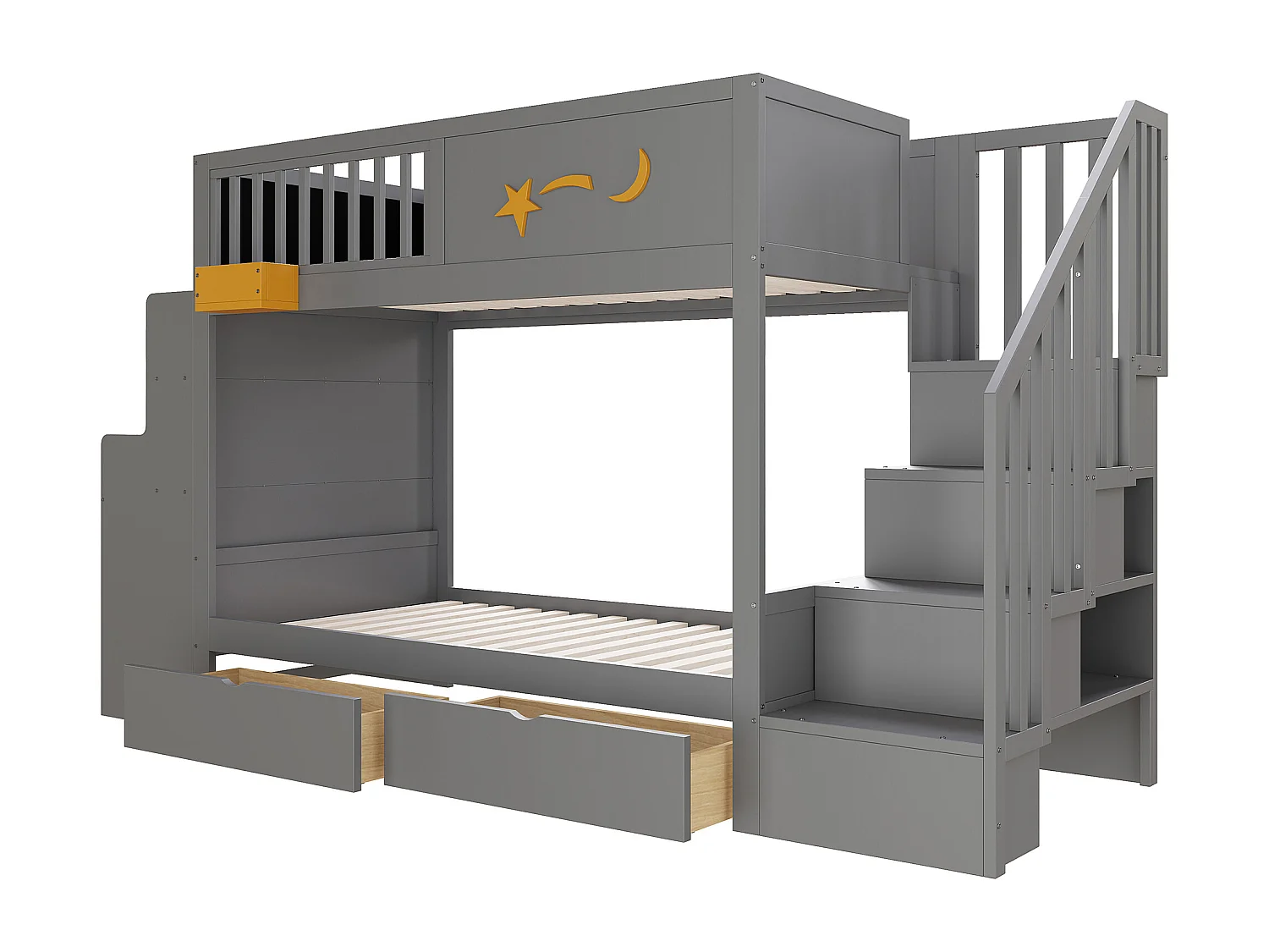Stapelbed 90x200cm met 2 lades, opbergladder en bureau – Grenen frame – Grijs