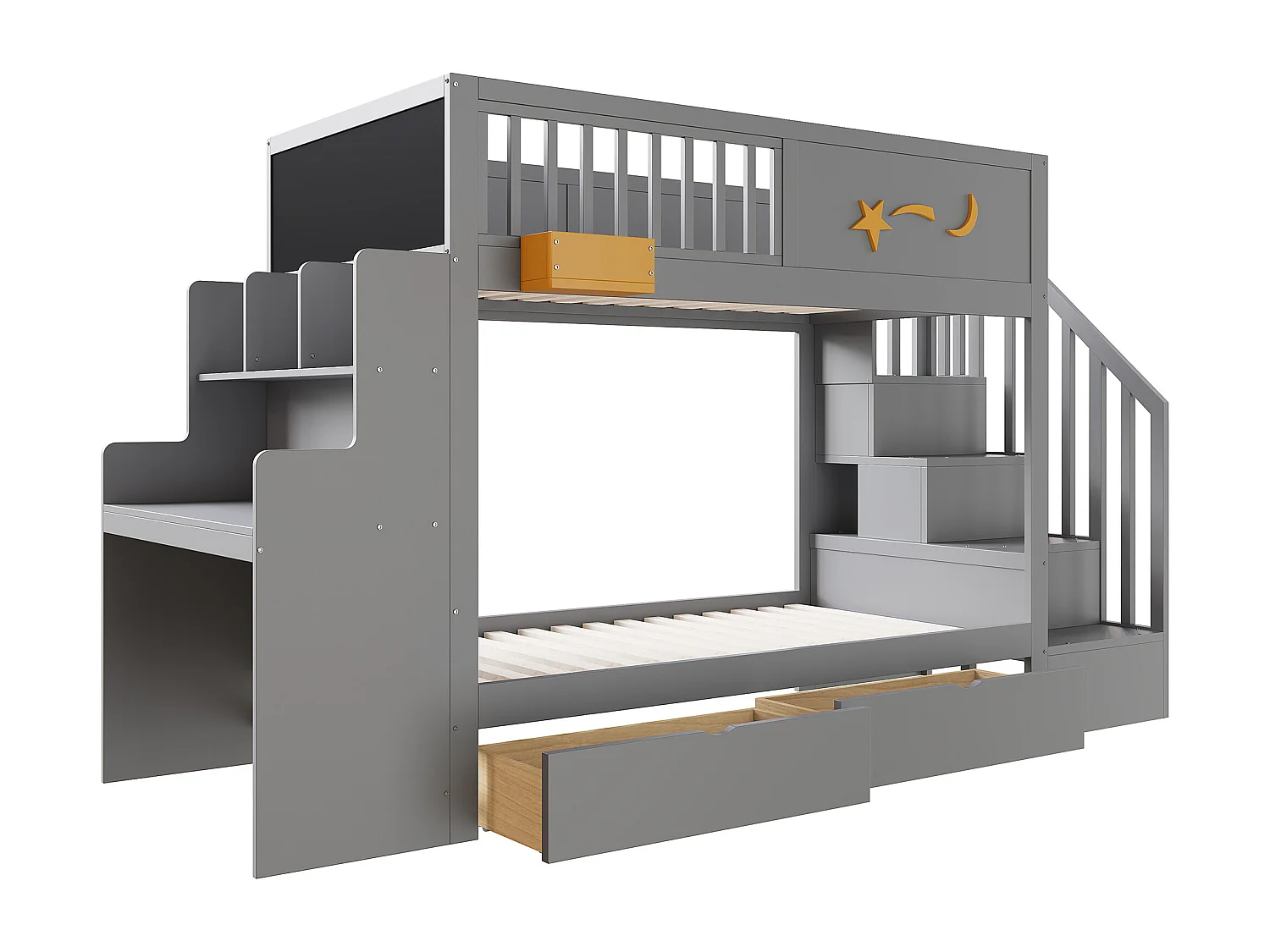 Stapelbed 90x200cm met 2 lades, opbergladder en bureau – Grenen frame – Grijs