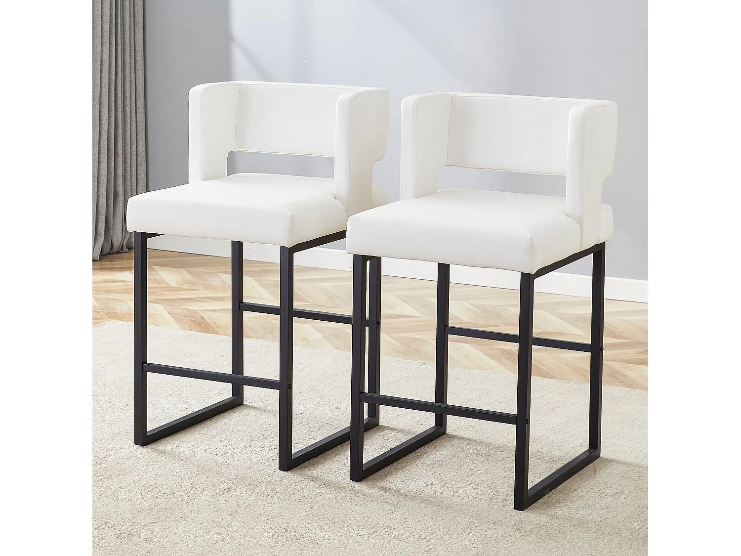 Juego de 2 taburetes de bar de PU blanco con patas de metal negro - Diseño nórdico