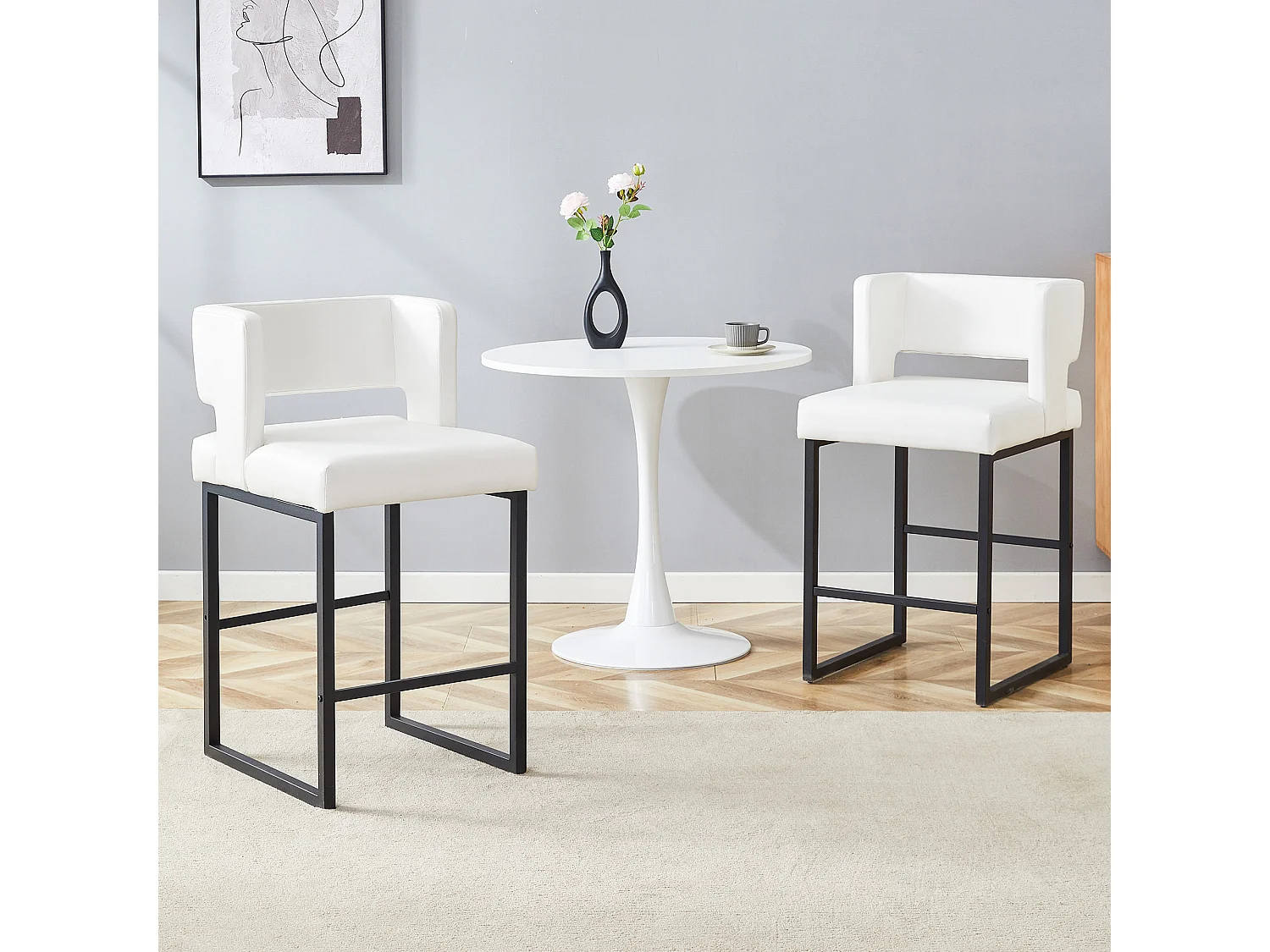 Juego de 2 taburetes de bar de PU blanco con patas de metal negro - Diseño nórdico