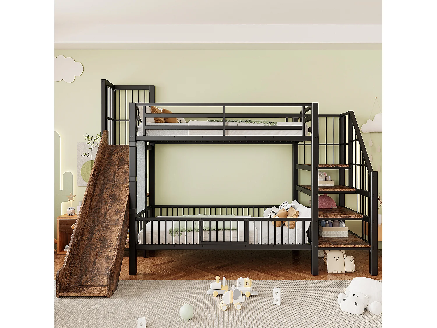 Metalen stapelbed 90x200 cm met glijbaan en opbergtrap - Zwart en donker hout