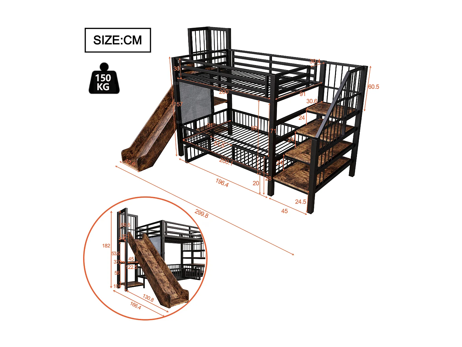 Metalen stapelbed 90x200 cm met glijbaan en opbergtrap - Zwart en donker hout