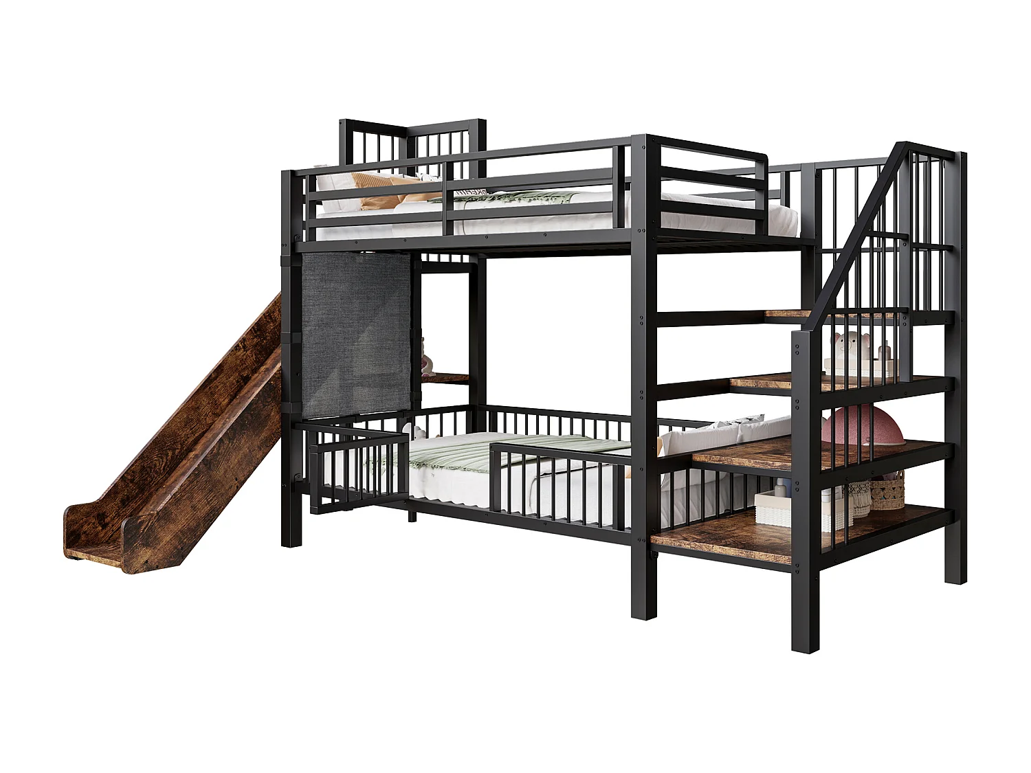 Metalen stapelbed 90x200 cm met glijbaan en opbergtrap - Zwart en donker hout