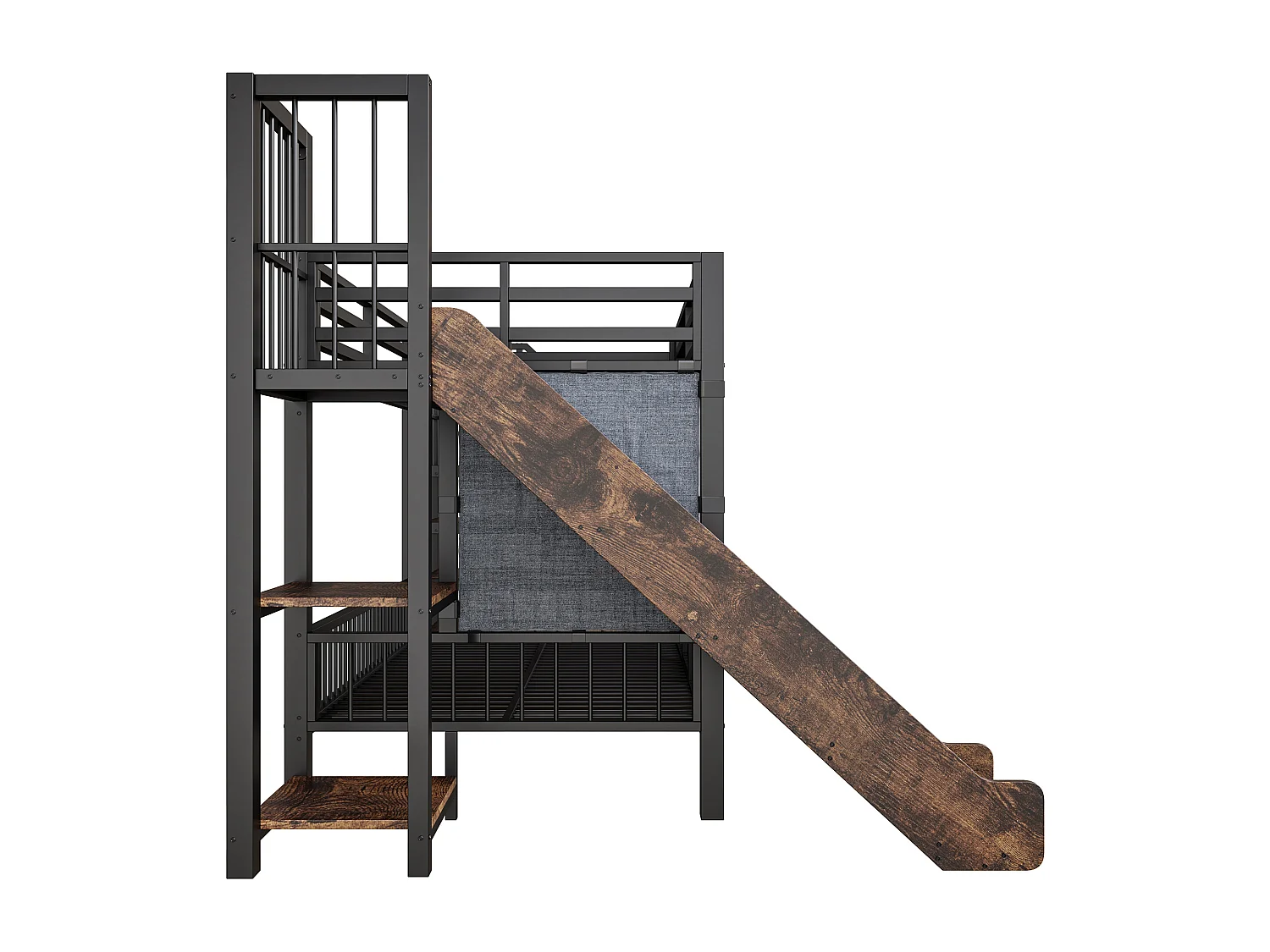 Metalen stapelbed 90x200 cm met glijbaan en opbergtrap - Zwart en donker hout