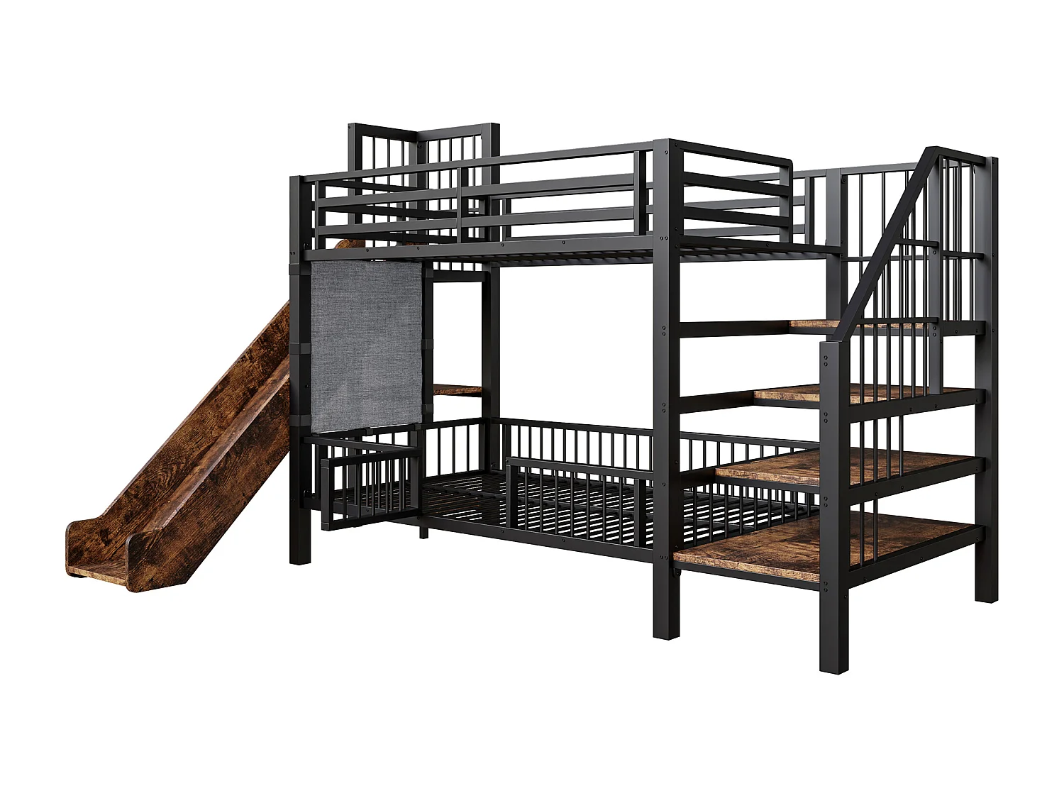 Metalen stapelbed 90x200 cm met glijbaan en opbergtrap - Zwart en donker hout