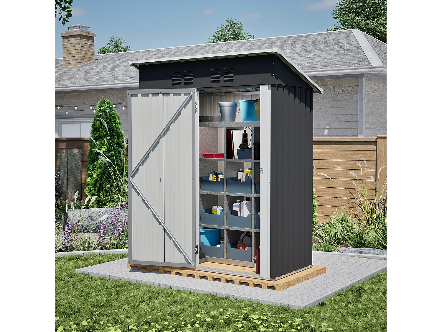 Casinha de jardim em metal preto com porta com fechadura - área de armazenamento de 1,27 m²