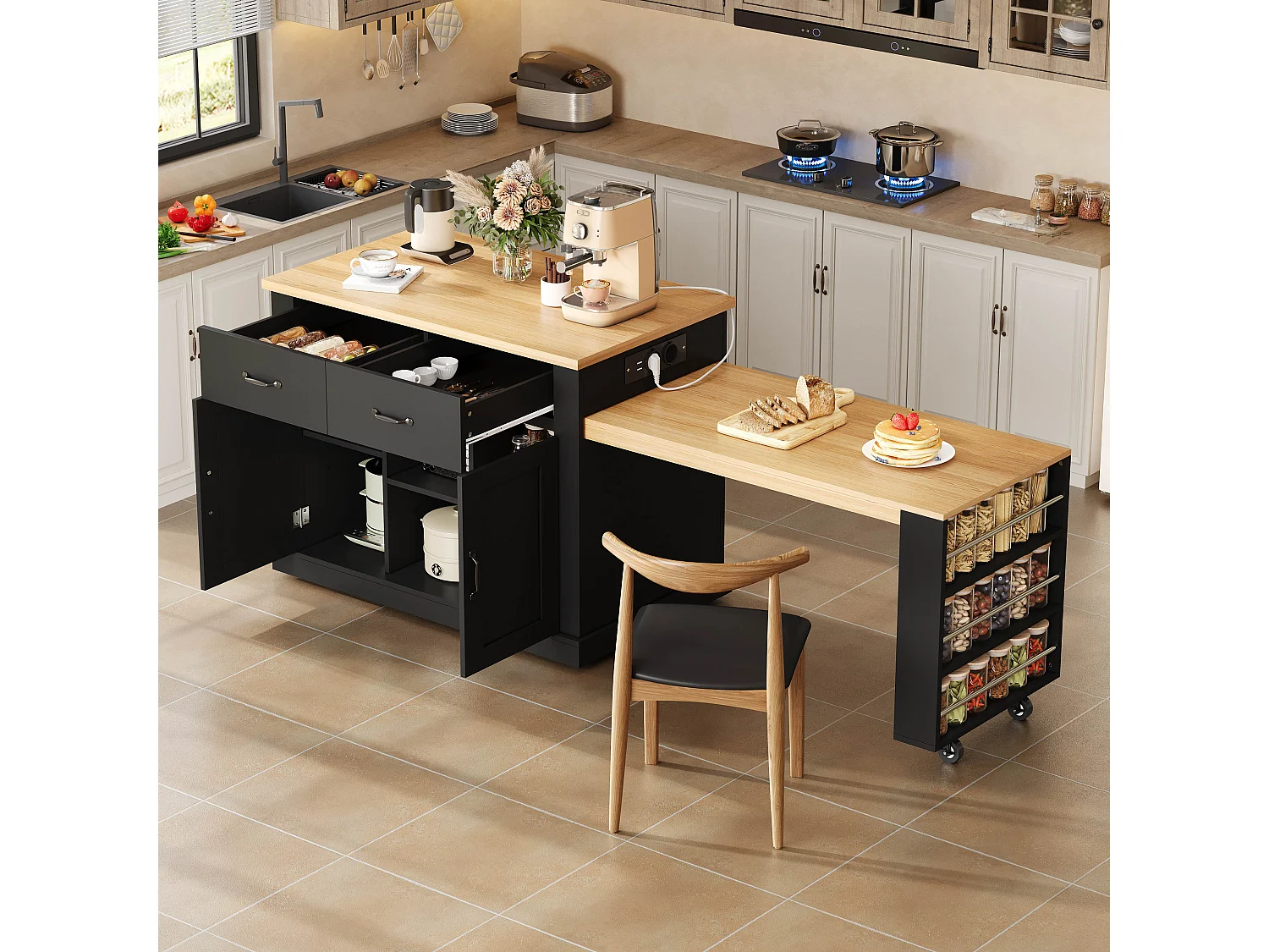Isola cucina con presa elettrica, 2 ante e 2 cassetti, nera e rovere