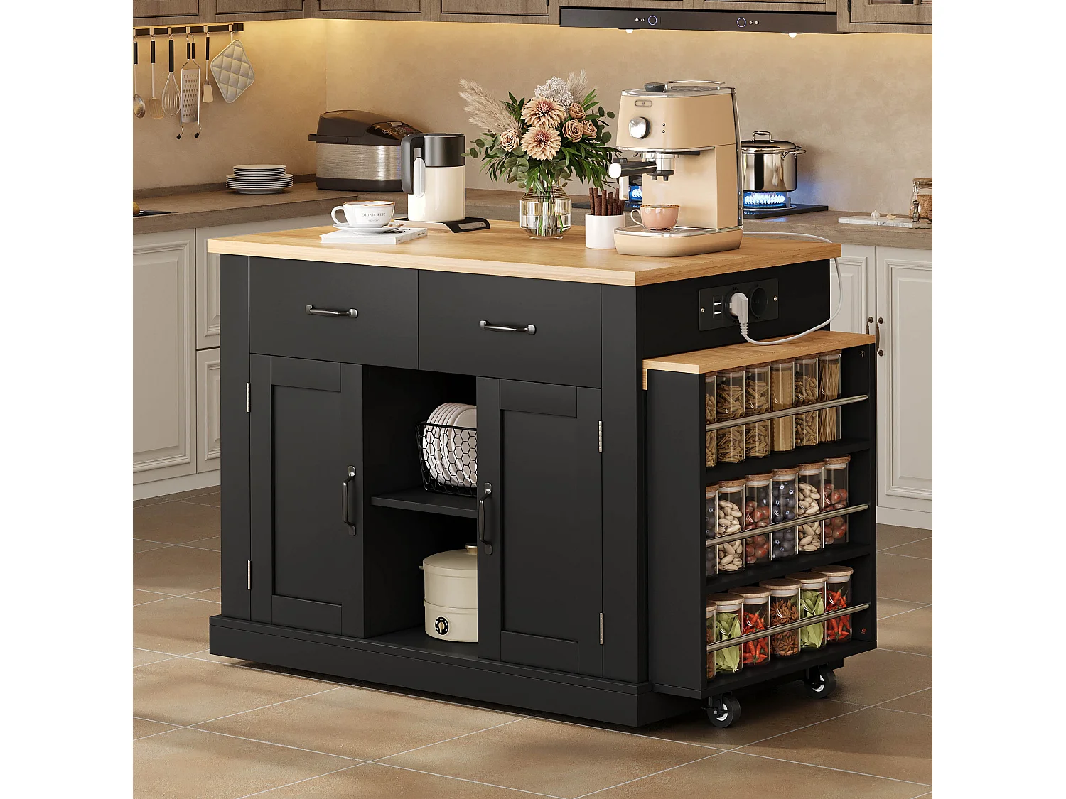 Isola cucina con presa elettrica, 2 ante e 2 cassetti, nera e rovere