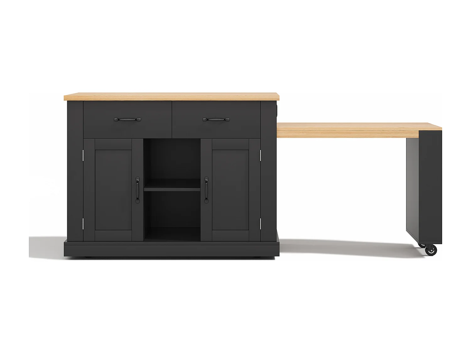 Isola cucina con presa elettrica, 2 ante e 2 cassetti, nera e rovere