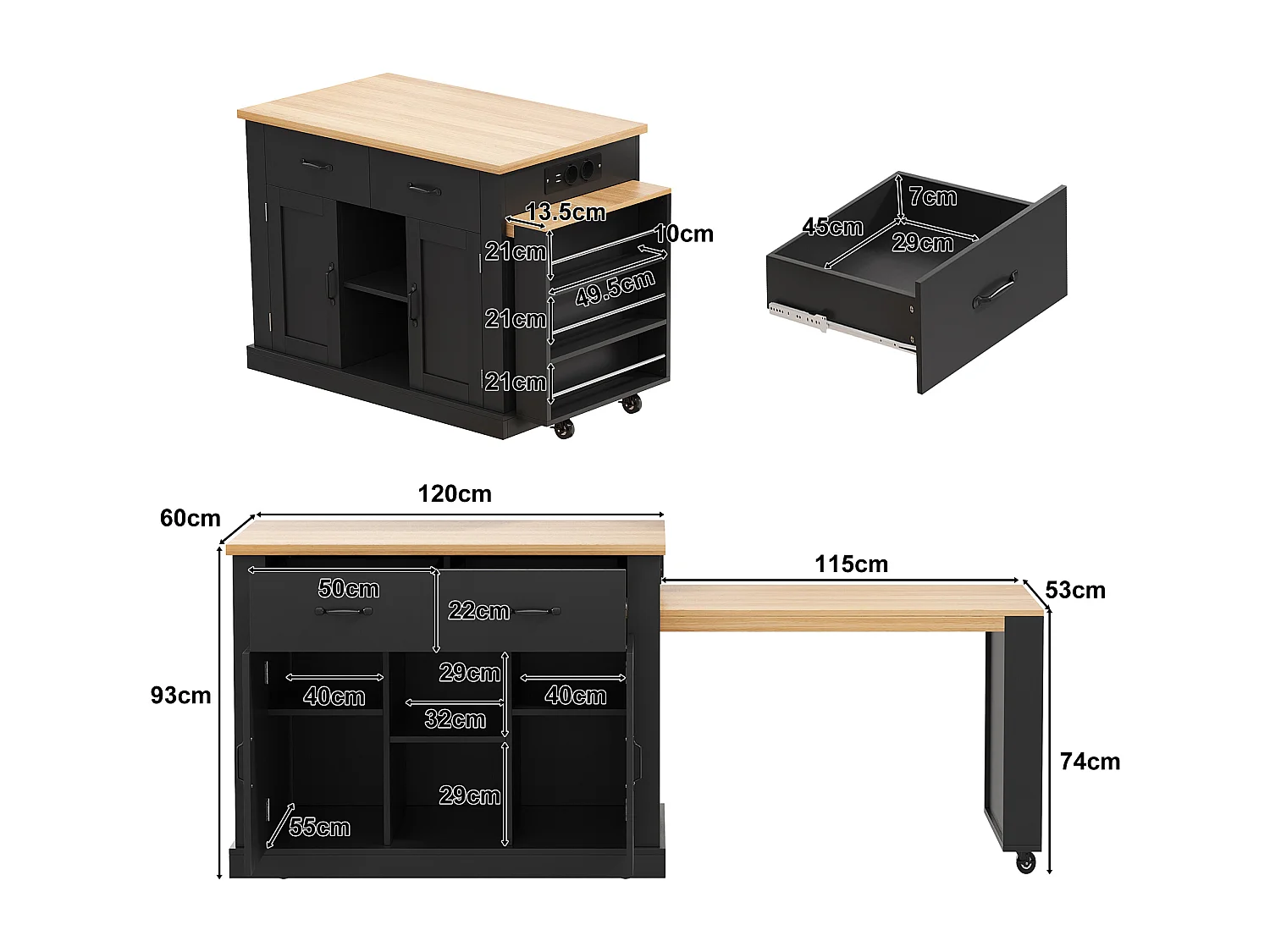 Isola cucina con presa elettrica, 2 ante e 2 cassetti, nera e rovere