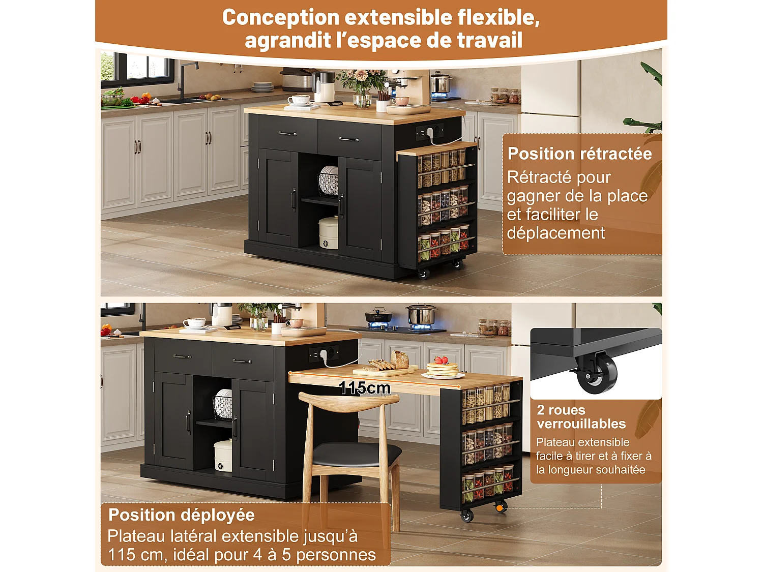 Isola cucina con presa elettrica, 2 ante e 2 cassetti, nera e rovere