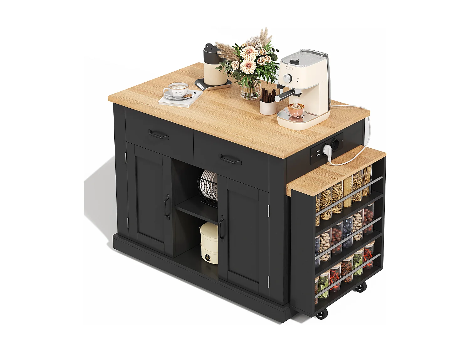 Isola cucina con presa elettrica, 2 ante e 2 cassetti, nera e rovere