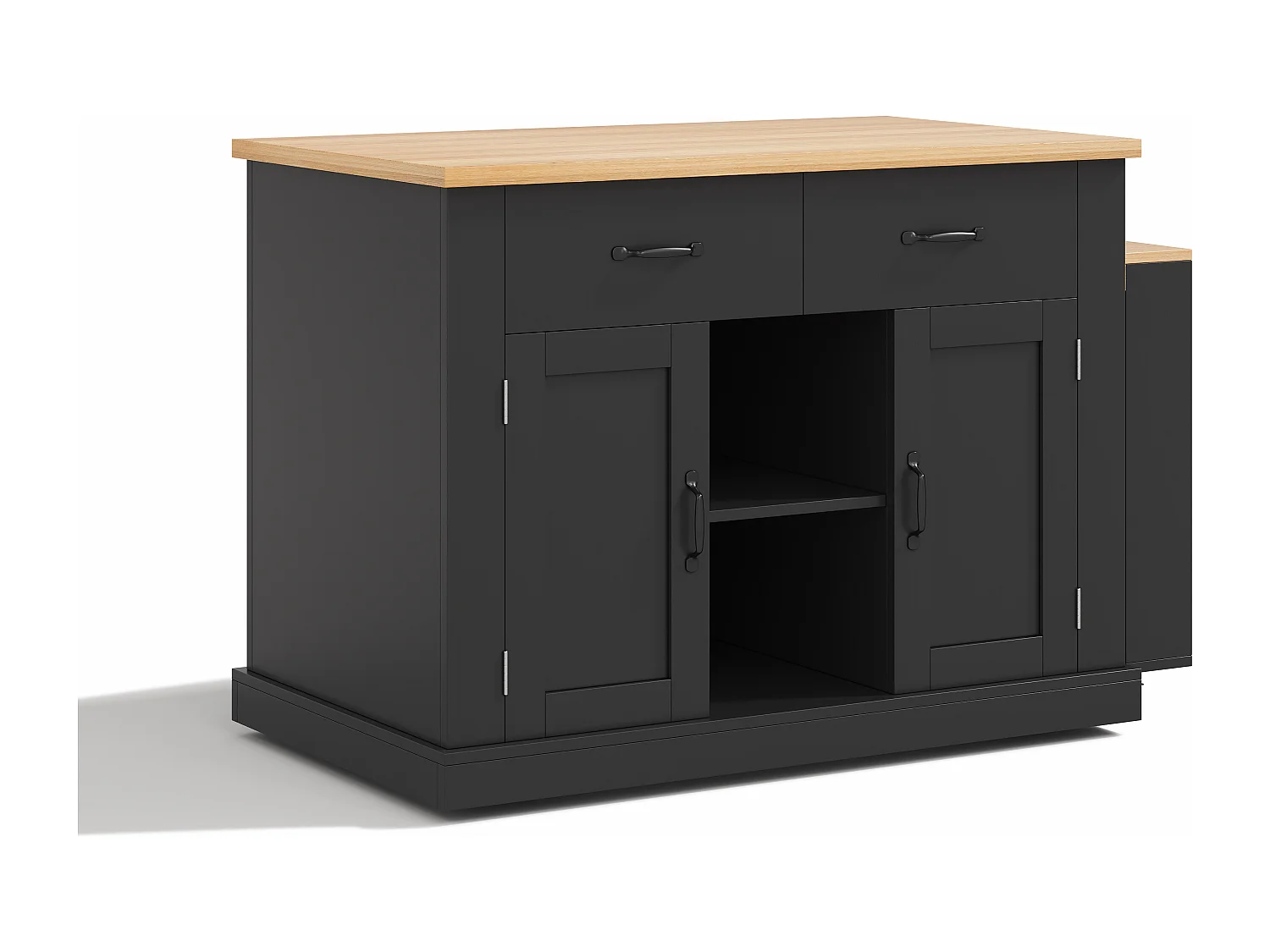 Isola cucina con presa elettrica, 2 ante e 2 cassetti, nera e rovere