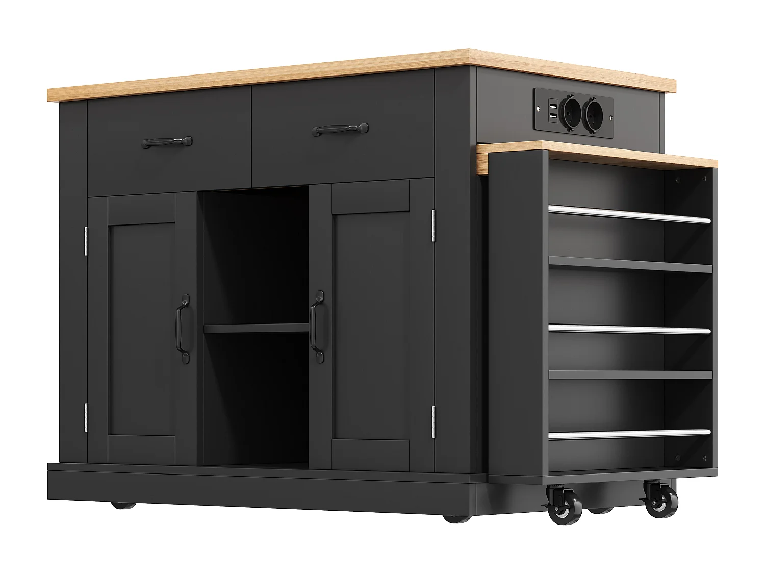 Isola cucina con presa elettrica, 2 ante e 2 cassetti, nera e rovere