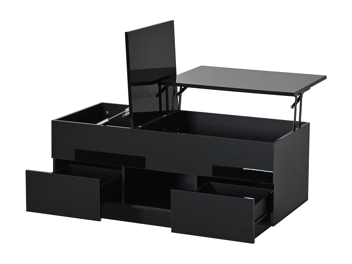 Salontafel met opklapbaar blad en glanzende afwerking, 100 x 45 x 43 cm, met 2 lades en ledverlichting - Zwart