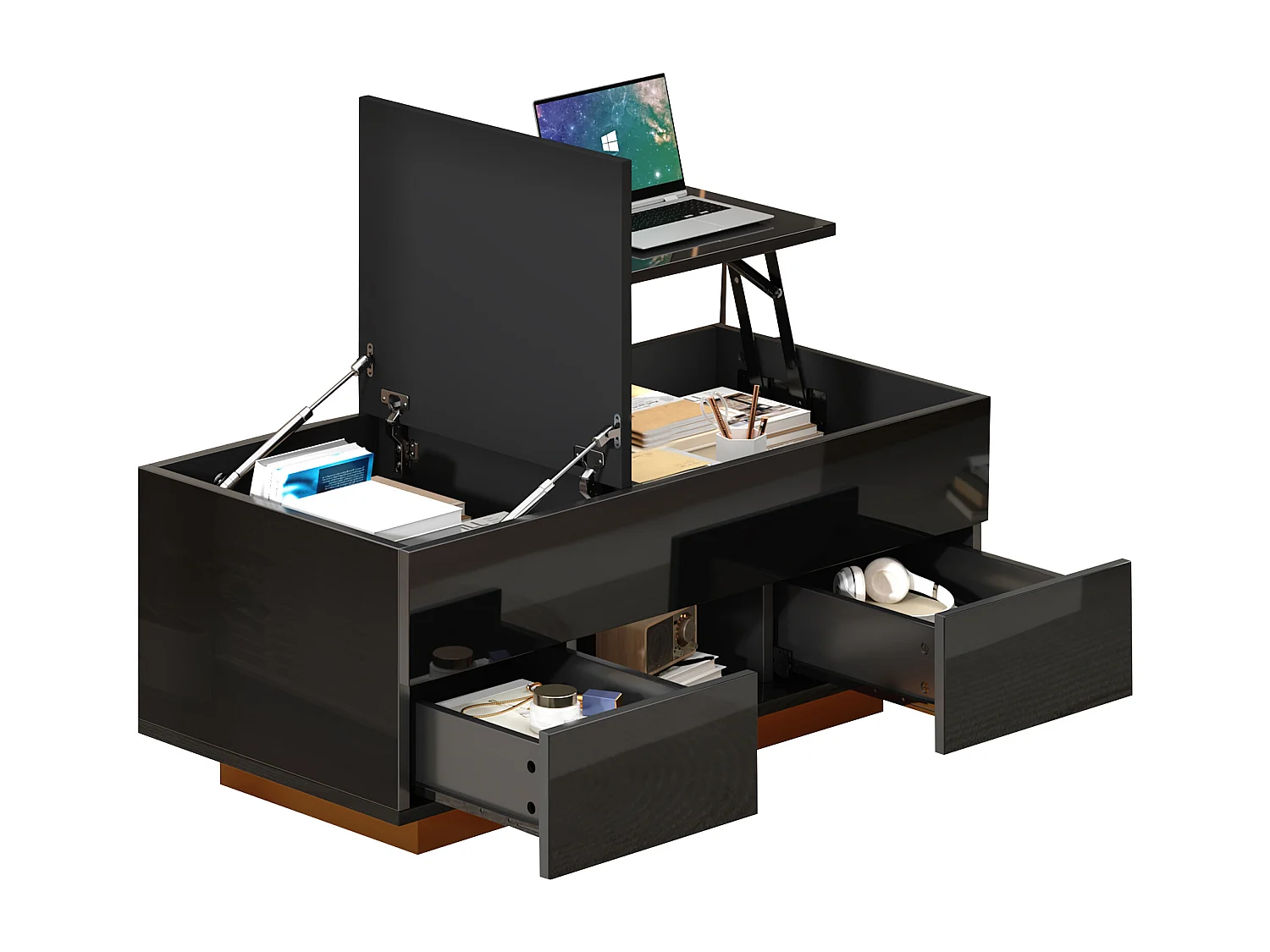 Salontafel met opklapbaar blad en glanzende afwerking, 100 x 45 x 43 cm, met 2 lades en ledverlichting - Zwart