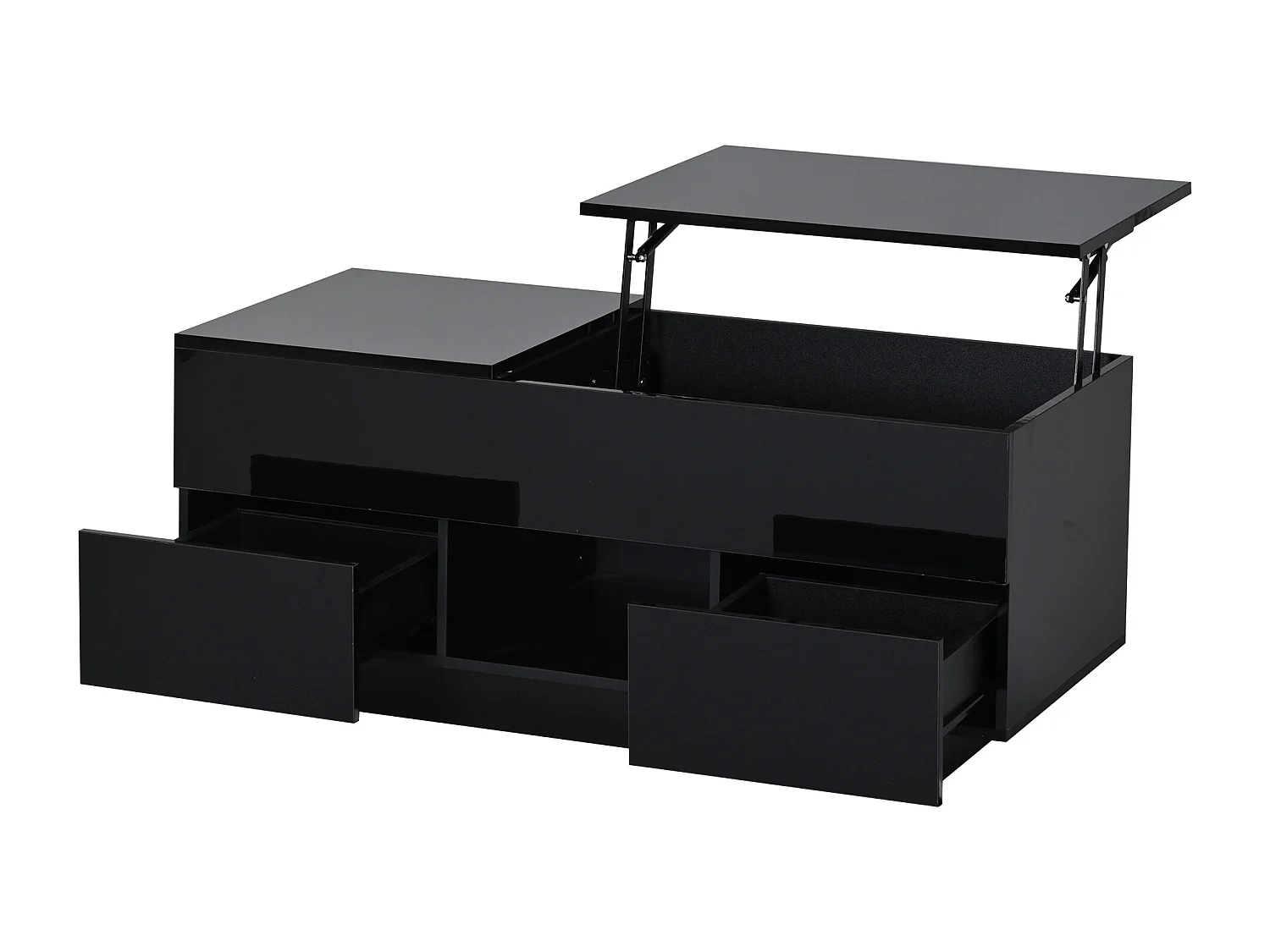 Salontafel met opklapbaar blad en glanzende afwerking, 100 x 45 x 43 cm, met 2 lades en ledverlichting - Zwart